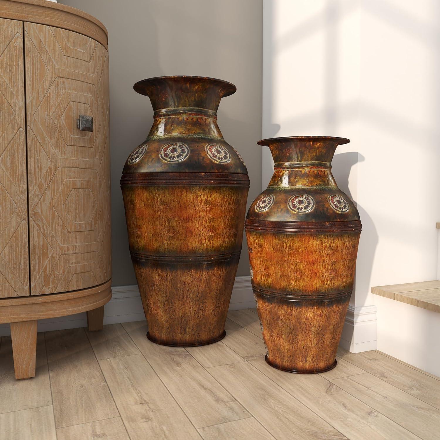 Deco 79 Metal Decorative Vase Indoor Outdoor Large Centerpiece Vases with Floral Relief, Set of 2 Flower Vases for Home Decoration 29", 22"H, Brown