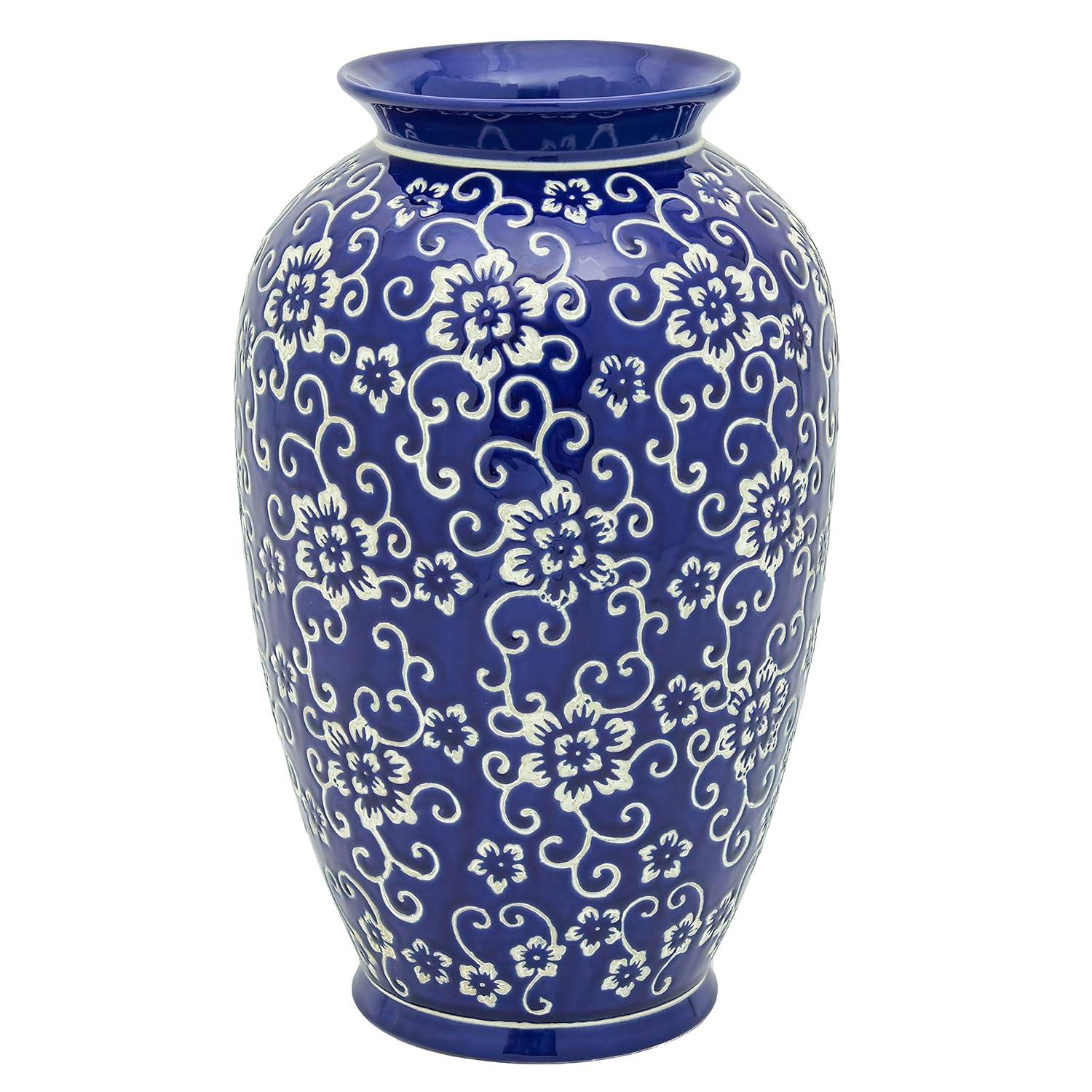 14" White Flowers on Blue Tung Chi Vase