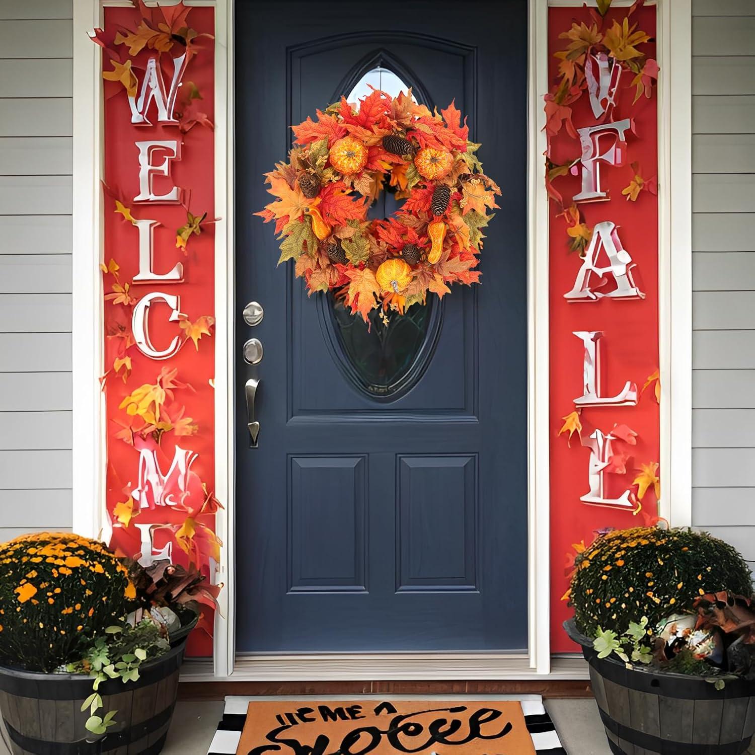 Fall Wreath 20’’ Autumn Front Door Wreath Harvest Wreath with Sunflower Pumpkins Berries Maple Leaves Daisies for Outside Indoor Home Wall Festival Thanksgiving Autumn Farmhouse Decor