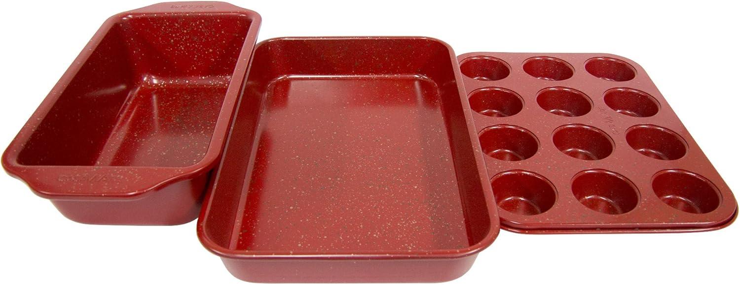 Red Granite Ceramic Coated Toaster Oven 3-Piece Bakeware Set