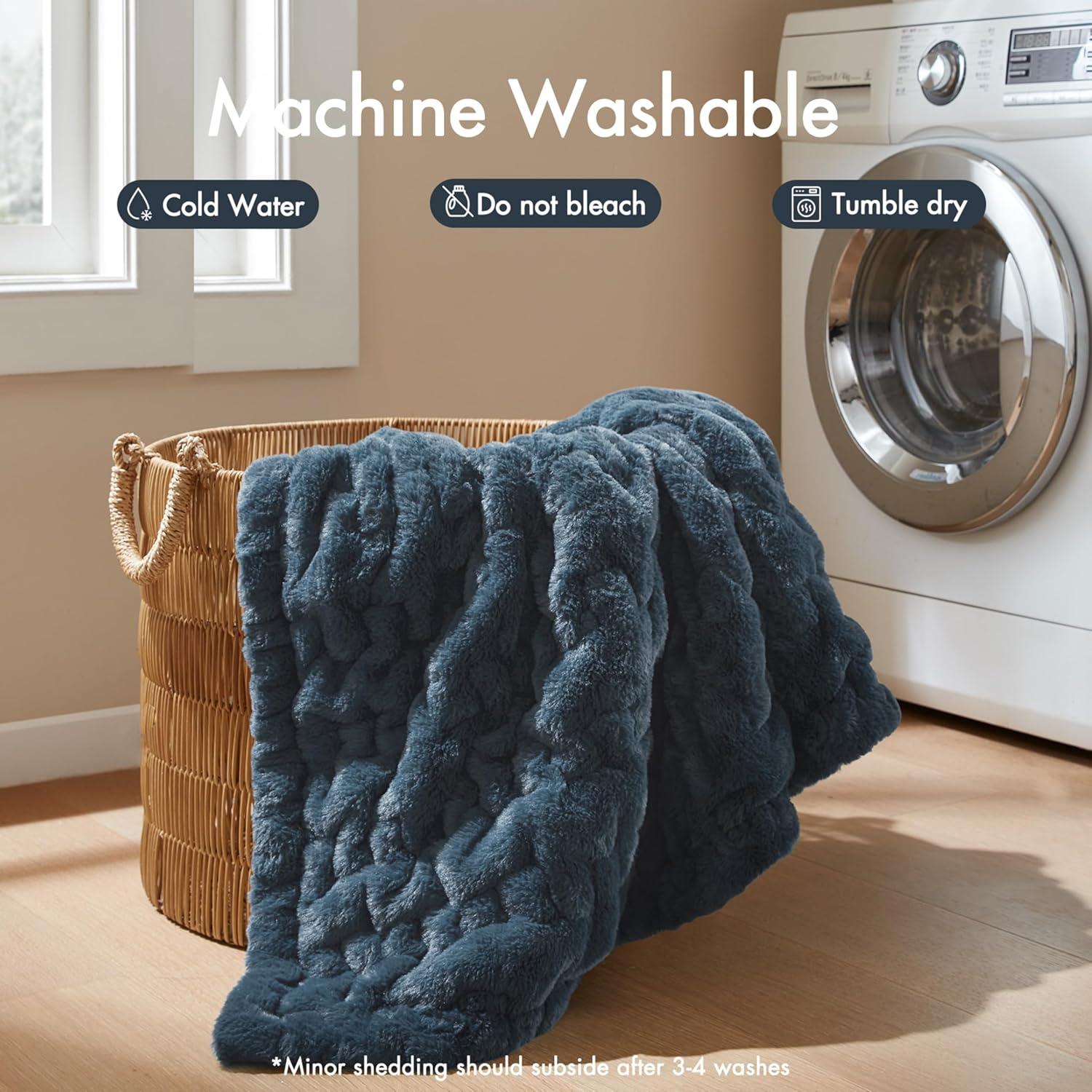 Madison Park Slate Blue Ruched Fur Throw 50x60"