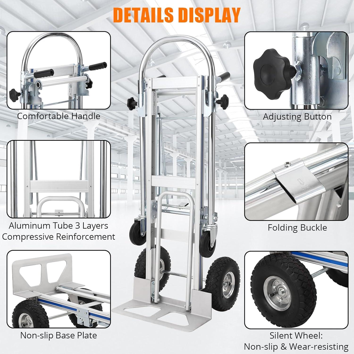Silver Aluminum Folding Hand Truck Dolly with Wheels, 770 lbs Capacity