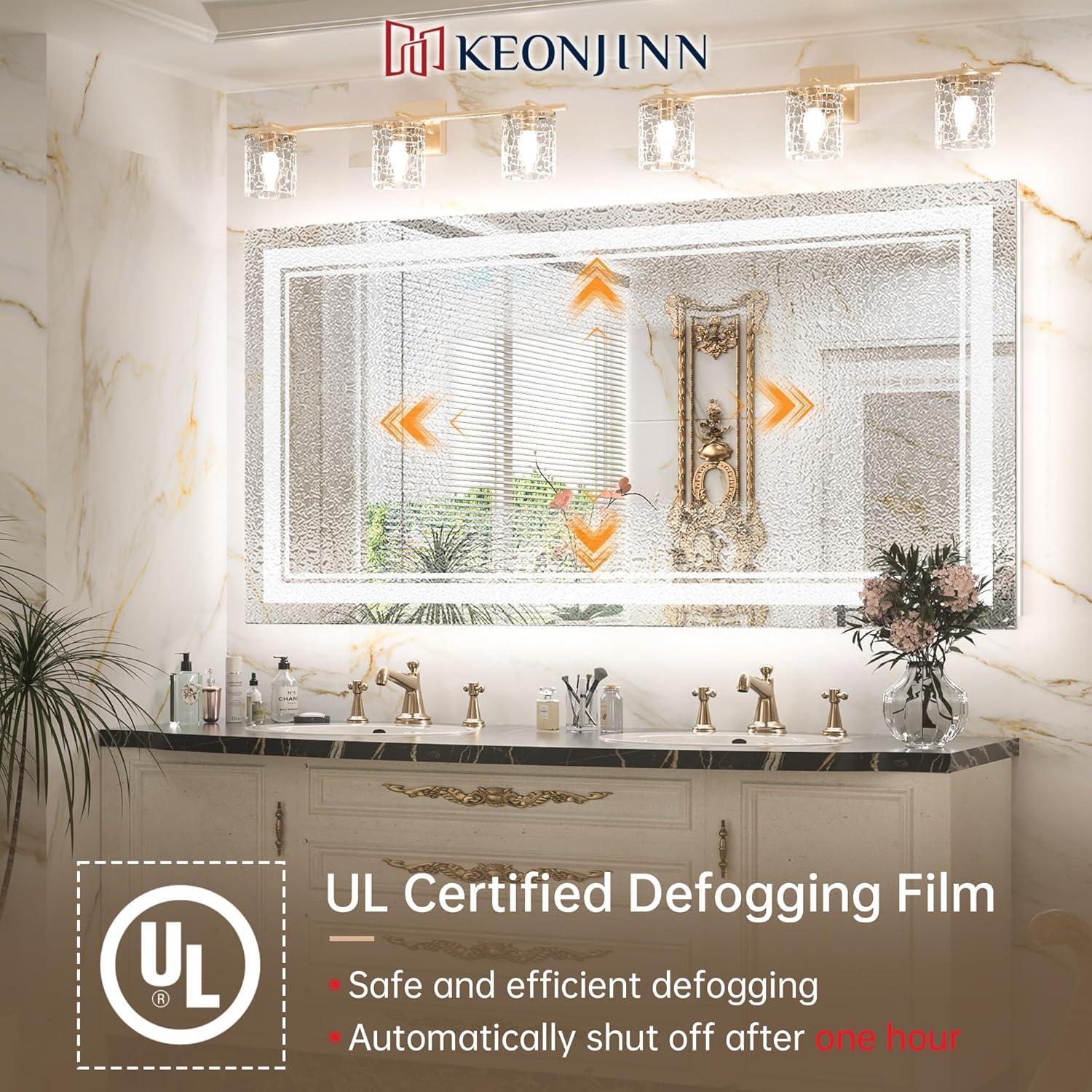 Keonjinn LED Bathroom Mirror 48" x 24" with Frontlit and Backlit, Stepless 3 Colors Temperature & Dimmable Wall Mirror, Tempered Glass, UL Listed LED Driver, Double LED Strips Lighted Vanity Mirror