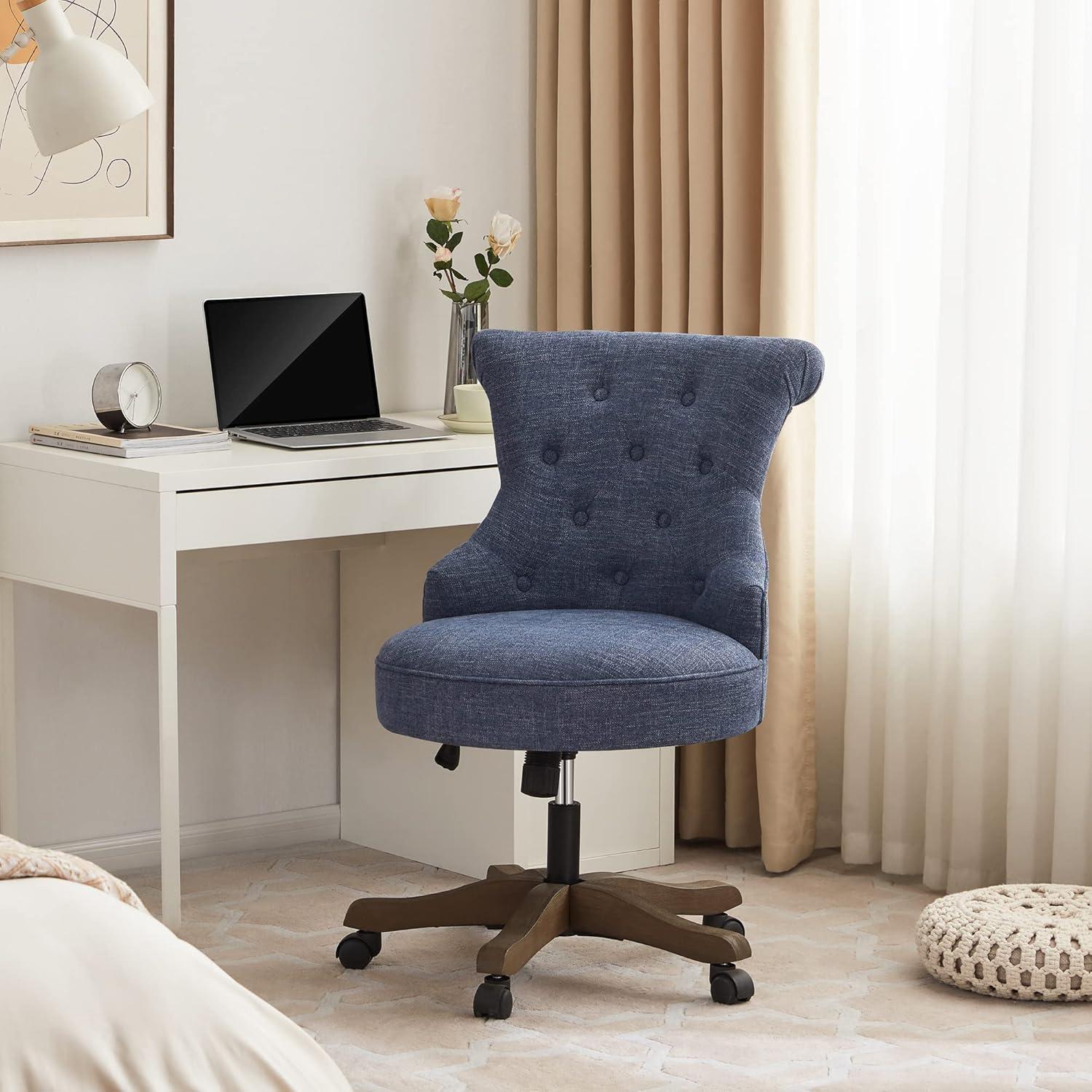 Blue Linen Upholstered Swivel Office Chair with Wooden Legs