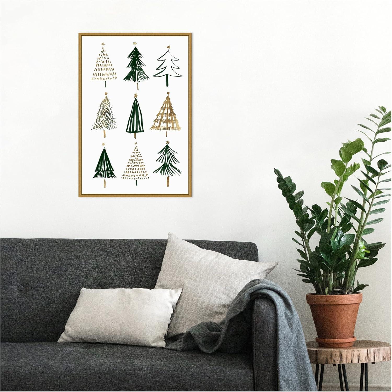 Evergreen Trees Gold and Green Canvas Print with Gold Frame