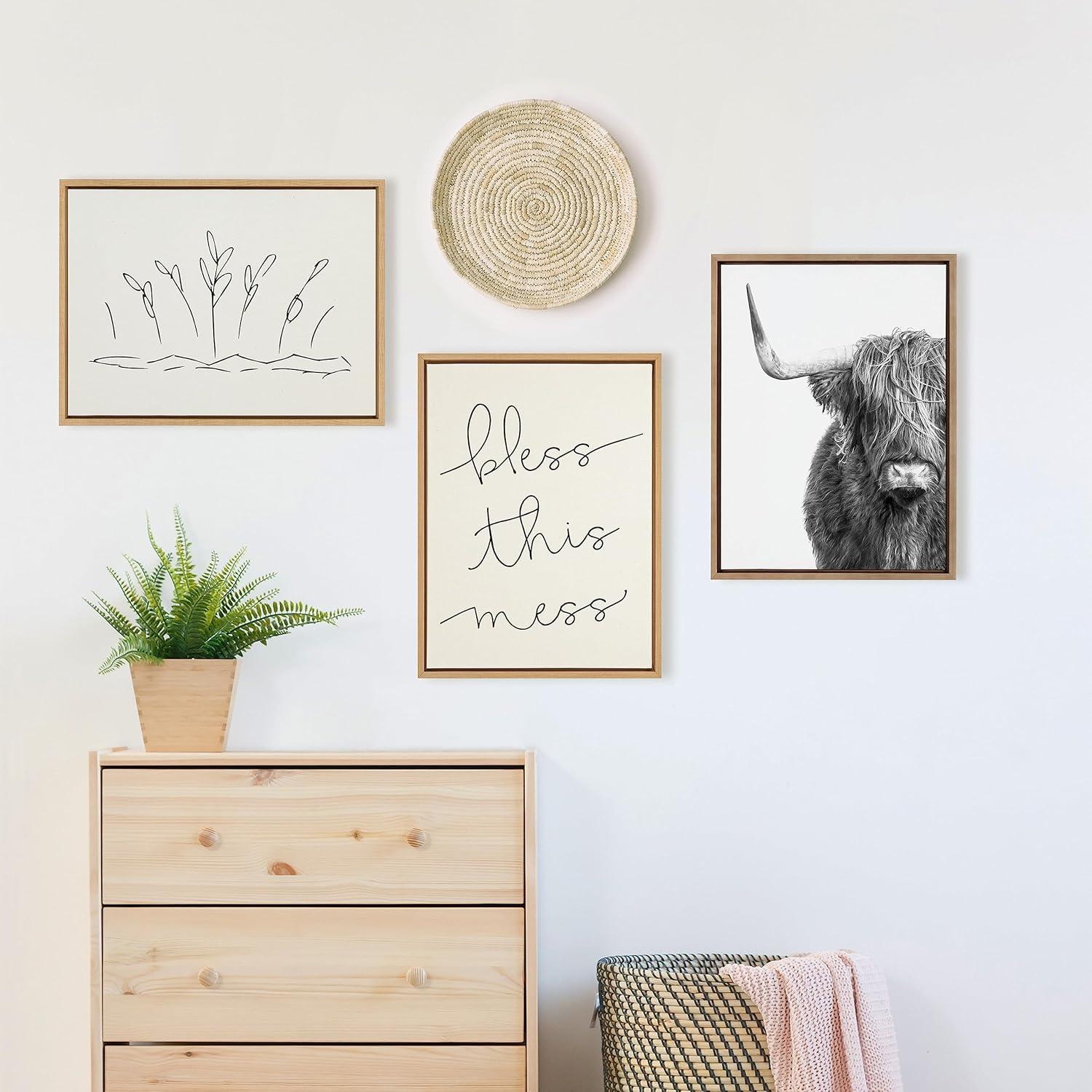 Kate and Laurel Sylvie B&W Highland Cow No. 1 Framed Canvas Wall Art by Amy Peterson Art Studio, 18x24 Gold, Black and White Animal Portrait Art