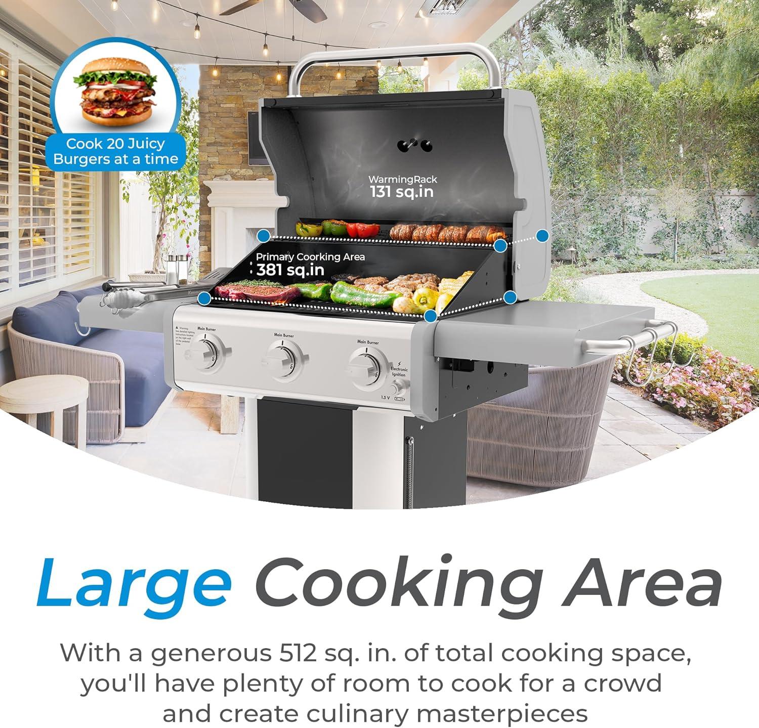 Kenmore 3-Burner Propane Gas Grill with Foldable Side Tables for Outdoor BBQ