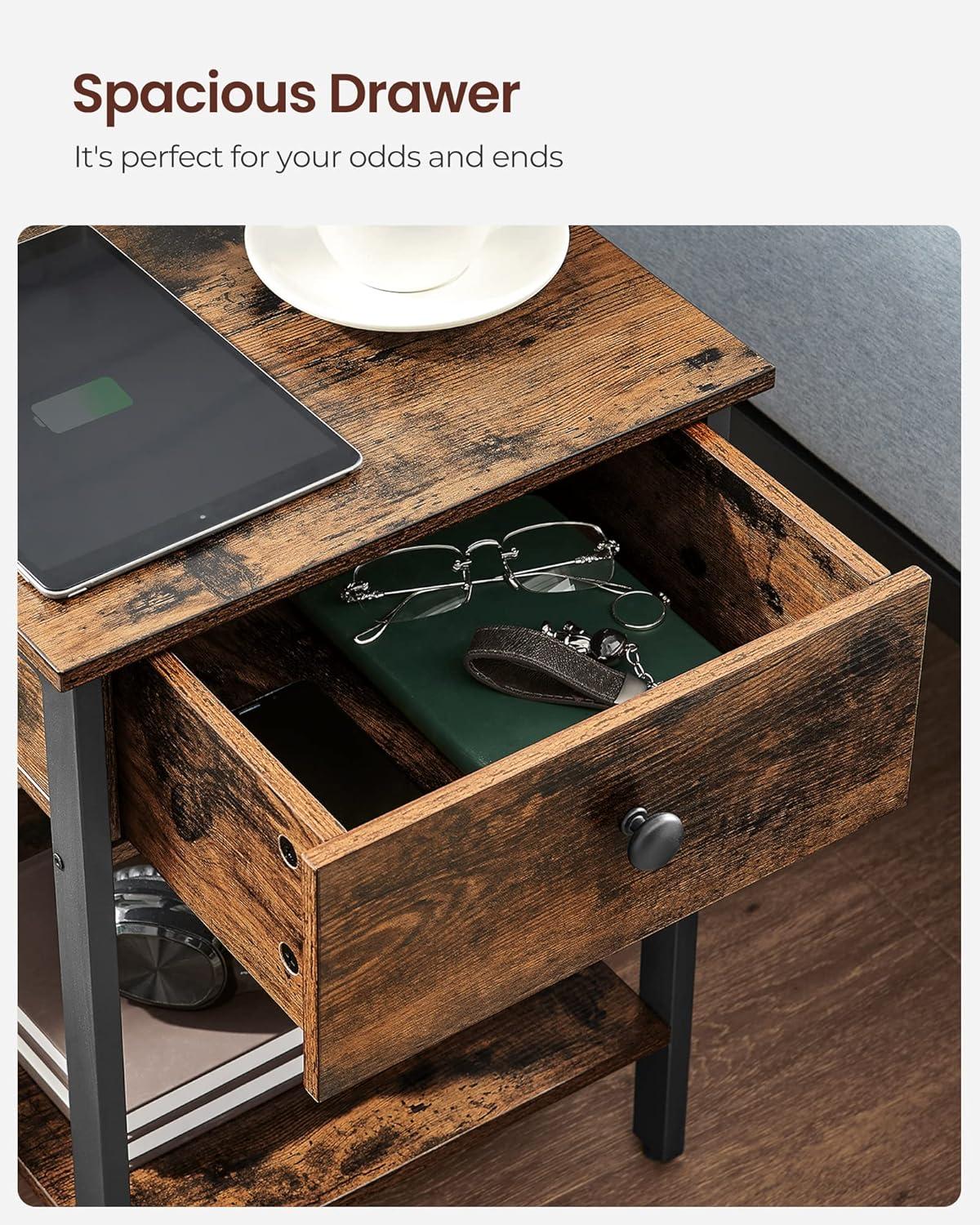 VASAGLE Nightstand with Charging Station, Side Table with Drawer and Open Shelf, End Table, for Bedroom, Easy Assembly, Industrial, Plug-in Series, Rustic Brown and Black ULET513B01