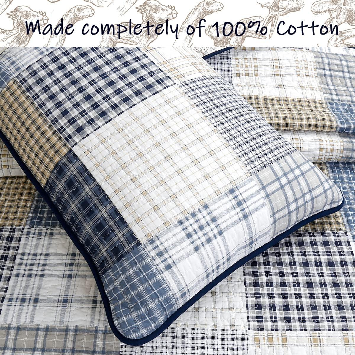 Cozy Line Home Fashions Benjamin Cute Dinosaur Plaid Printed Pattern 100% Cotton Quilt Bedding Set, Reversible Coverlet,Bedspread for Kids Boy (Dinosaur,Queen - 3 Piece)