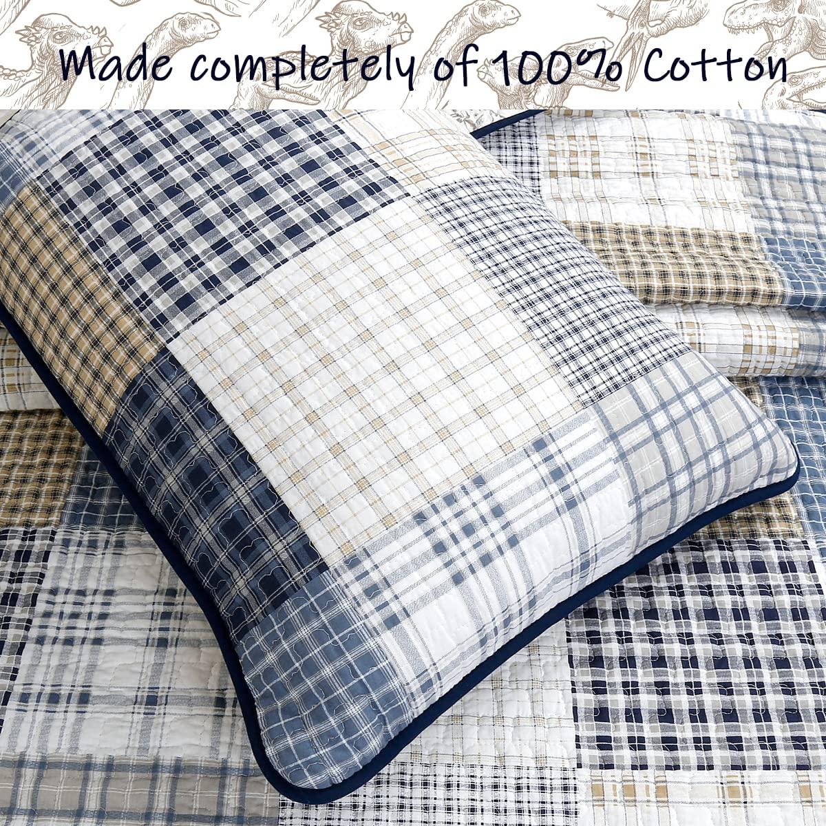 Cozy Line Home Fashions Benjamin Cute Dinosaur Plaid Printed Pattern 100% Cotton Quilt Bedding Set, Reversible Coverlet,Bedspread for Kids Boy (Dinosaur,Queen - 3 Piece)