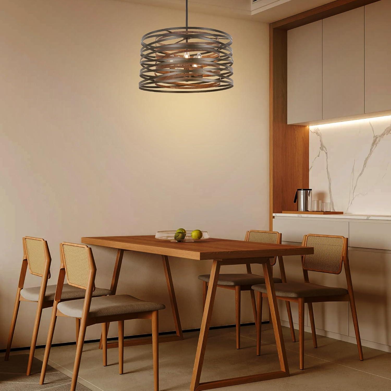 Dining Room Lighting Fixture, 5-Light Farmhouse Black Chandelier Drum Light, Round Metal with Retro Wood Texture Interior, E12 Bulbs Not Included