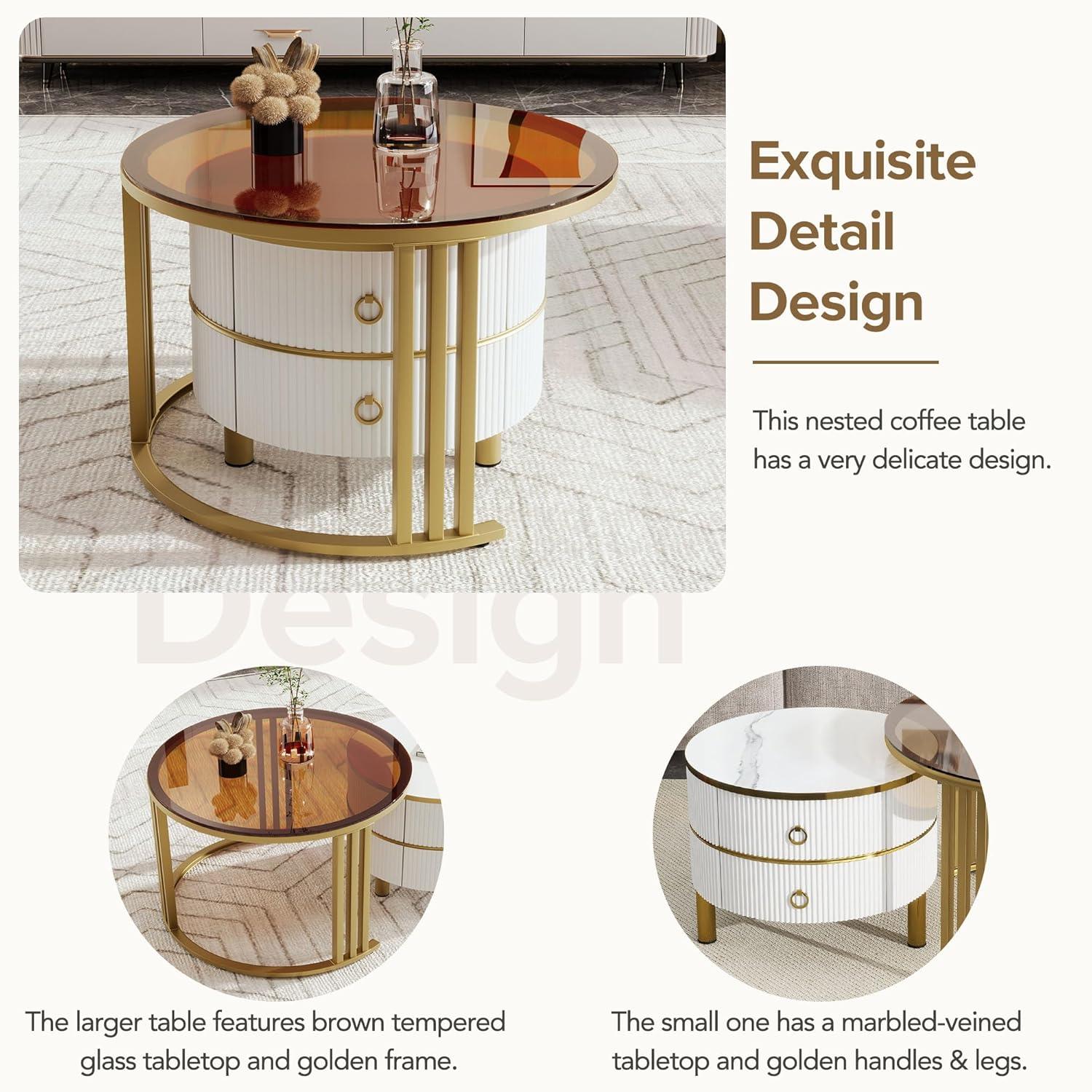 Modern Round Nesting Coffee Table Fluted with Drawer Multiple End Tables Utility Table Telephone Table for Living Room Office Bedroom Balcony, White & Gold