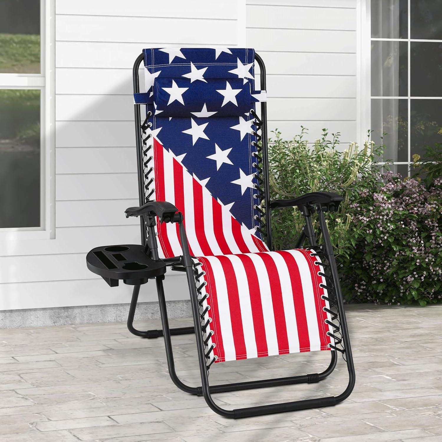 MoNiBloom Zero Gravity Lounge Chairs, Outdoor Patio Folding Beach Recliners with Headrest and Foot, American Flag