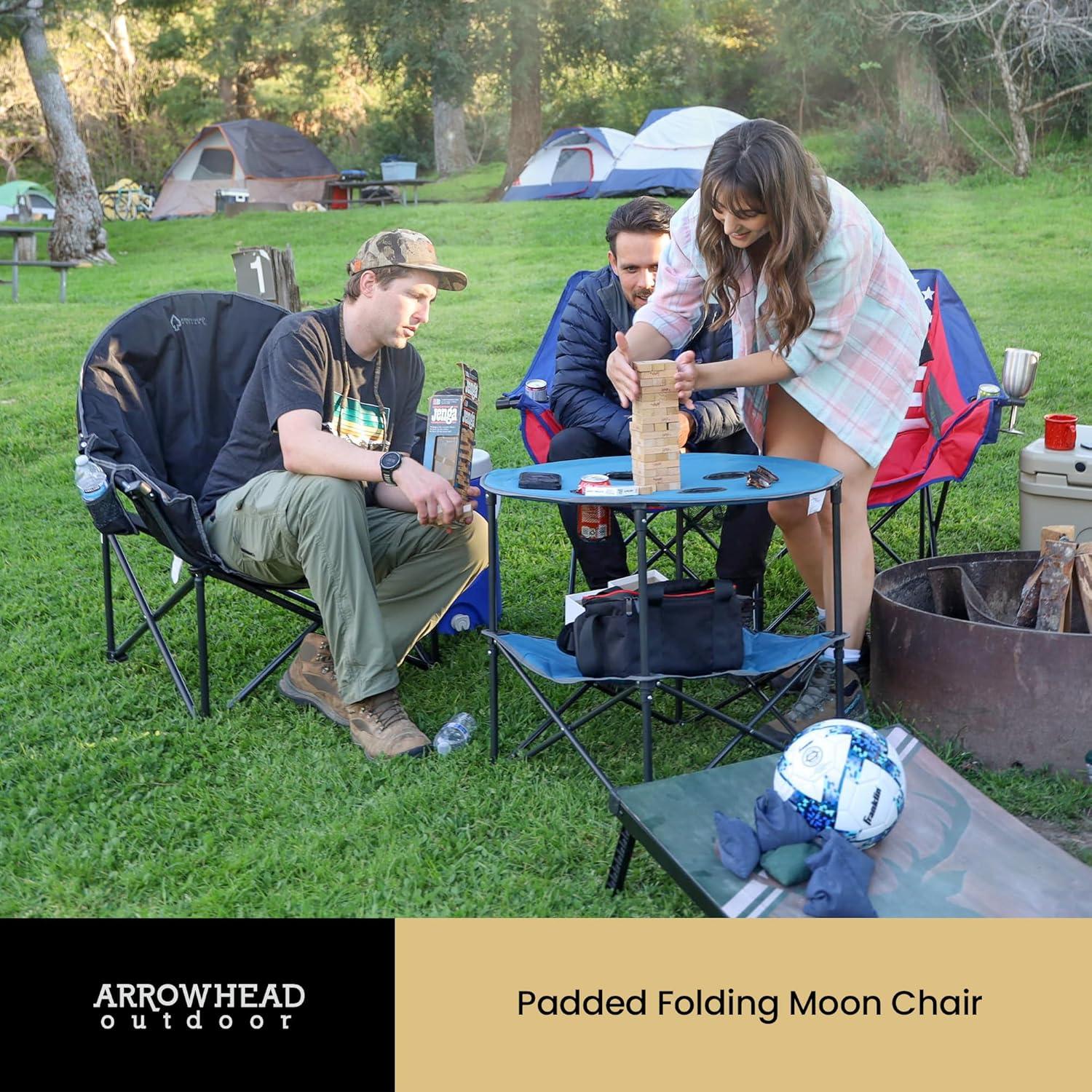 Arrowhead Outdoor Oversized Heavy-Duty Club Folding Camping Chair w/External Pocket, Cup Holder, Portable, Padded, Moon, Round, Bag (Granite Grey)