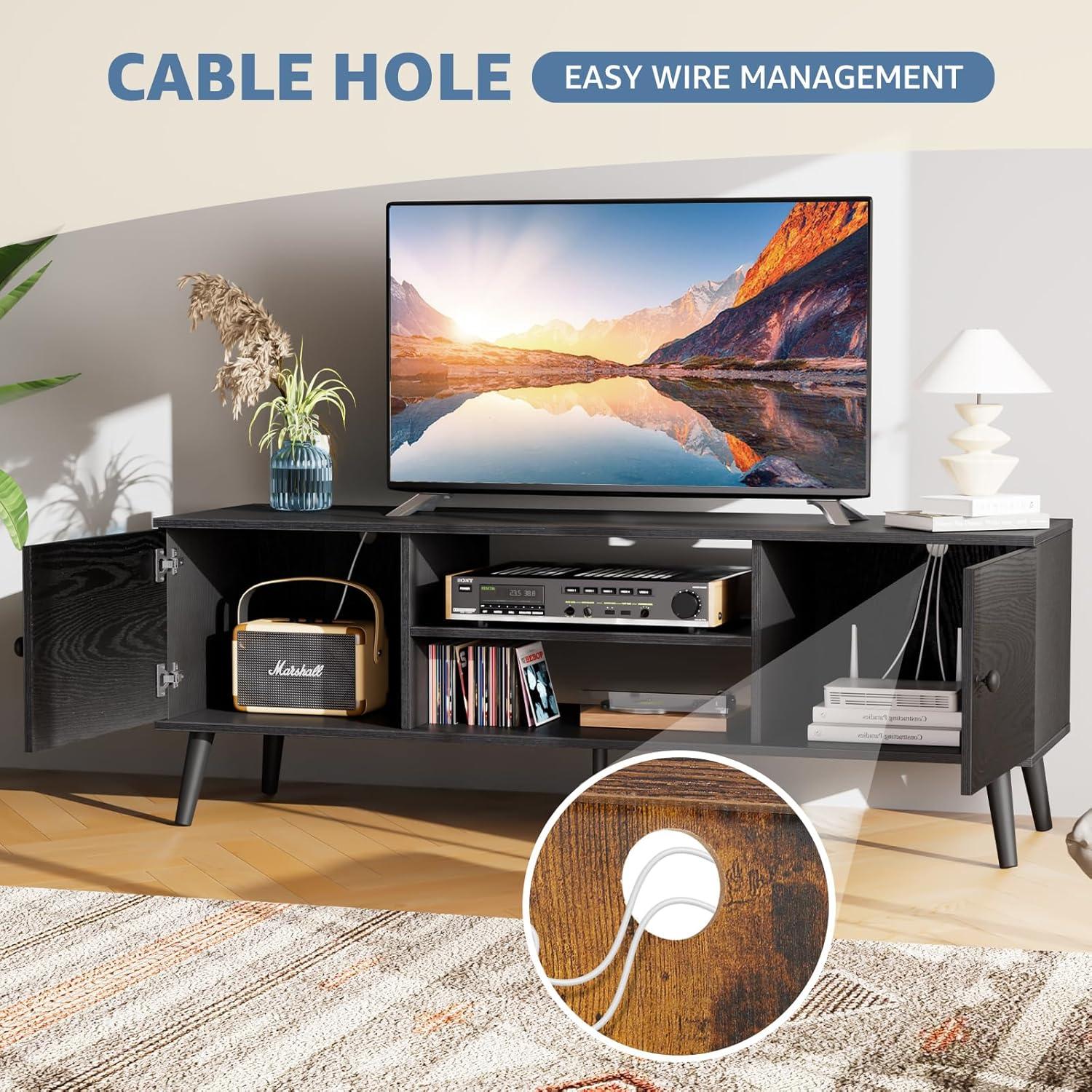 edx Modern TV Stand for 55-60 inch TV, Mid Century Entertainment Centre, Media Console Table with Storage for Living Room, Office, Black