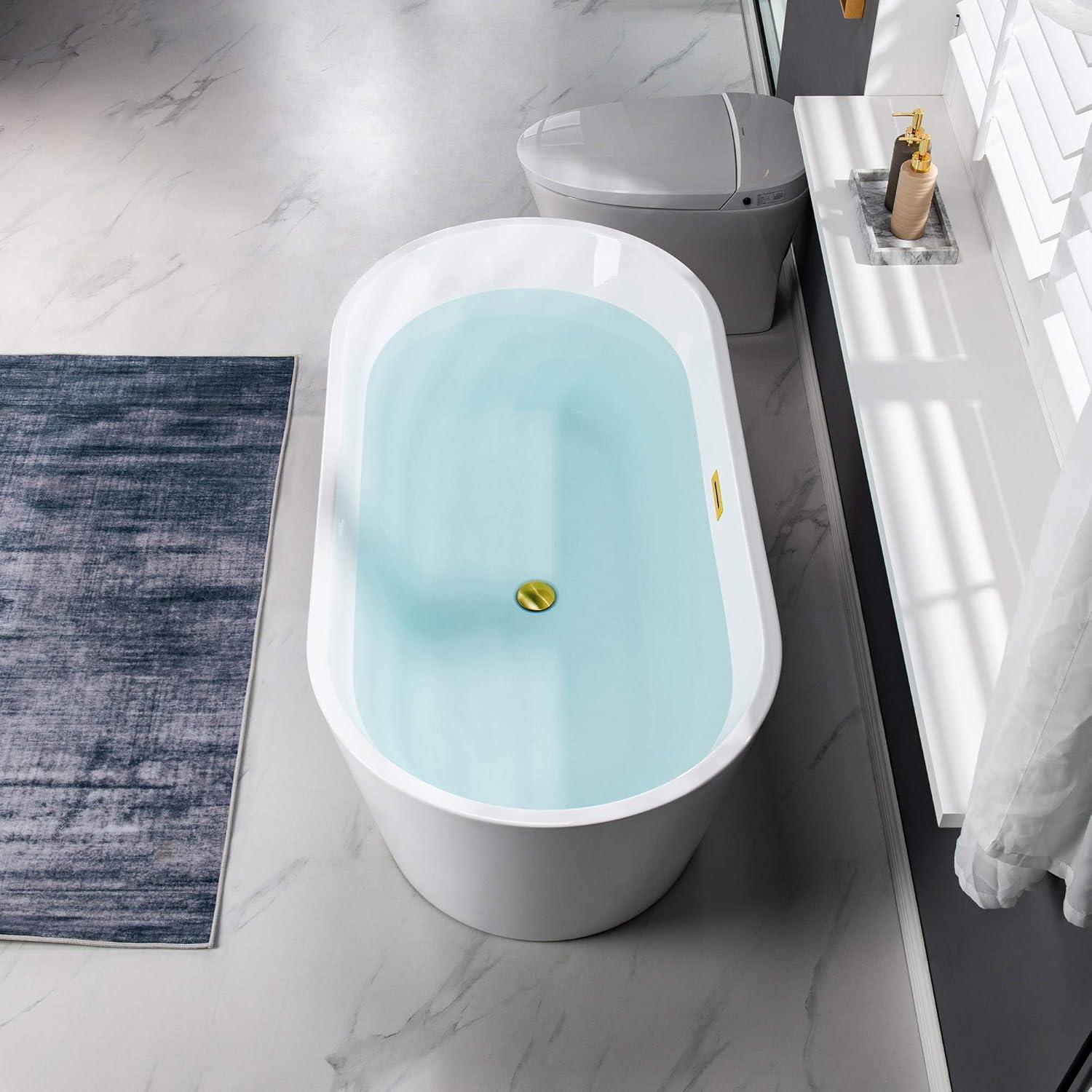 WOODBRIDGE 54" Acrylic Freestanding Bathtub Contemporary Soaking White Tub with Brushed Gold Overflow and Drain,B1702-BG