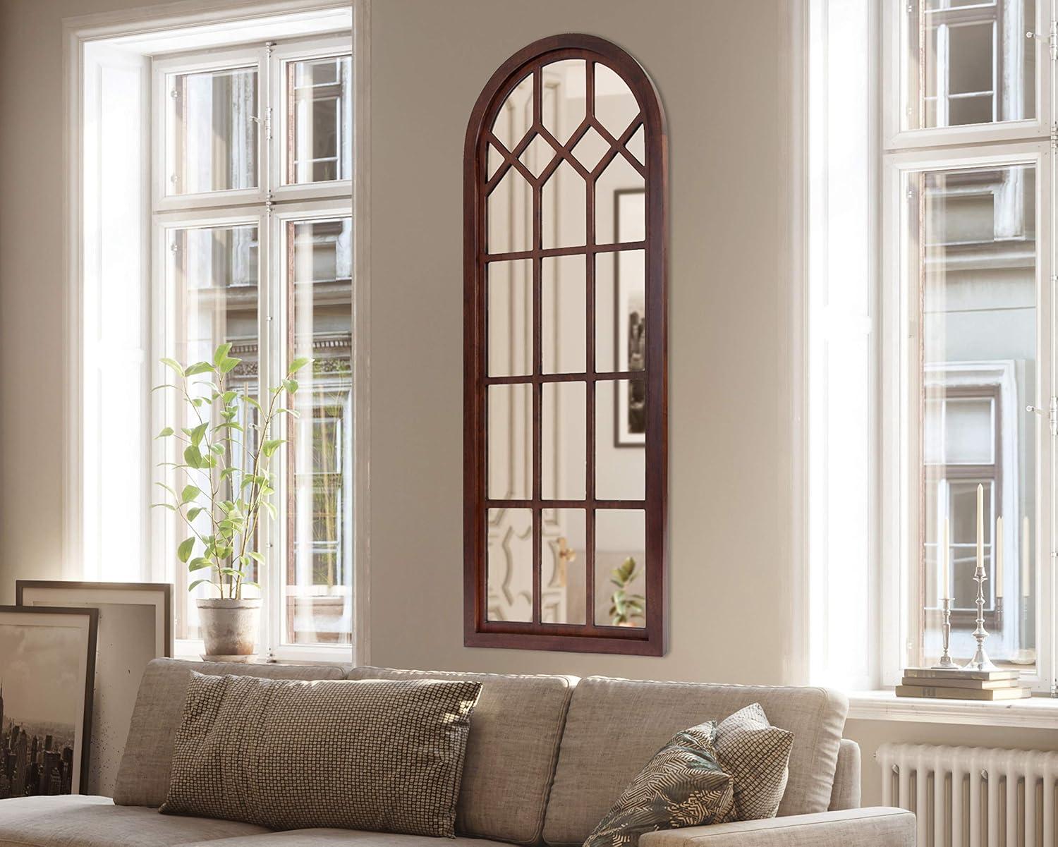 18" x 47" Gilcrest Windowpane Wall Mirror Walnut Brown - Kate & Laurel All Things Decor: Arched, Decorative, Large Window Pane, Tall