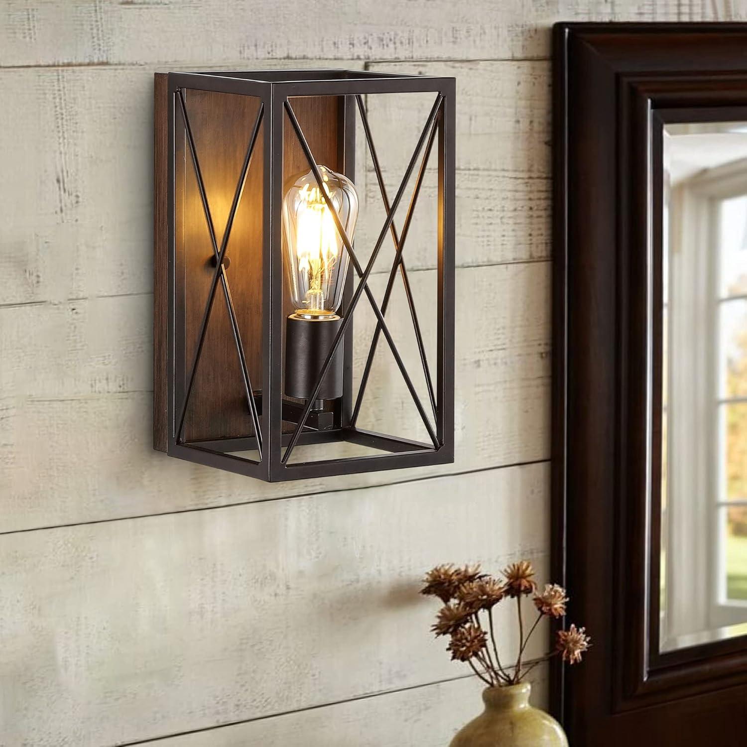 JONATHAN Y Norris X-Frame 6" 1-Light Farmhouse Rustic Iron LED Sconce, Oil Rubbed Bronze/Wood Finish