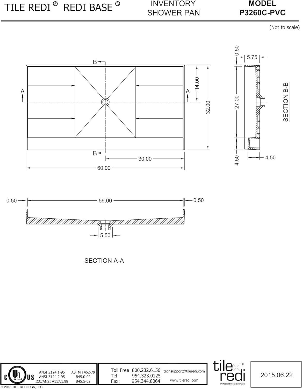 Tile Redi P3260c-Pvc Redi Base 60" X 32" Rectangular Shower Base - Chrome