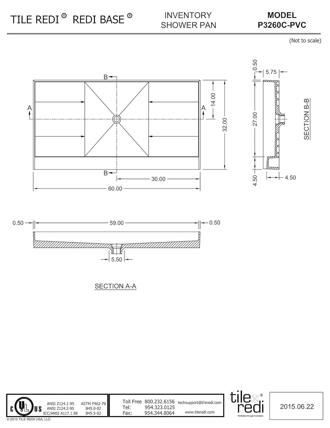 Tile Redi P3260c-Pvc Redi Base 60" X 32" Rectangular Shower Base - Chrome