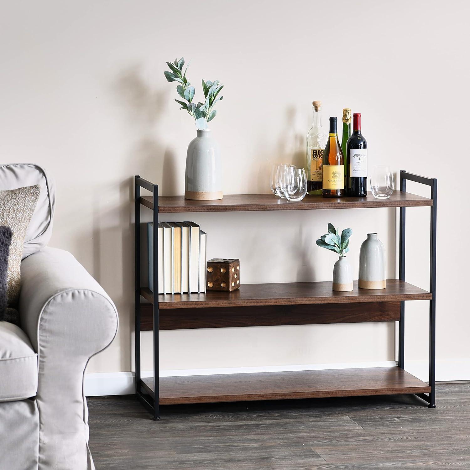 Household Essentials 32.5" Jamestown Wide 3 Shelf Bookshelf Walnut: Faux Wood, Iron Frame, Low Profile