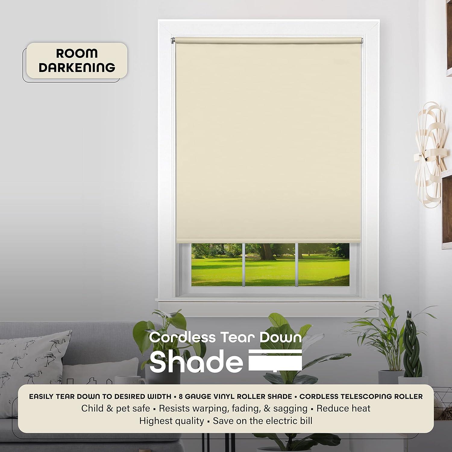 Achim Tear Down Indoor Cordless Vinyl Room Darkening Roller Window Shade, 72 x 37, Ivory Beige