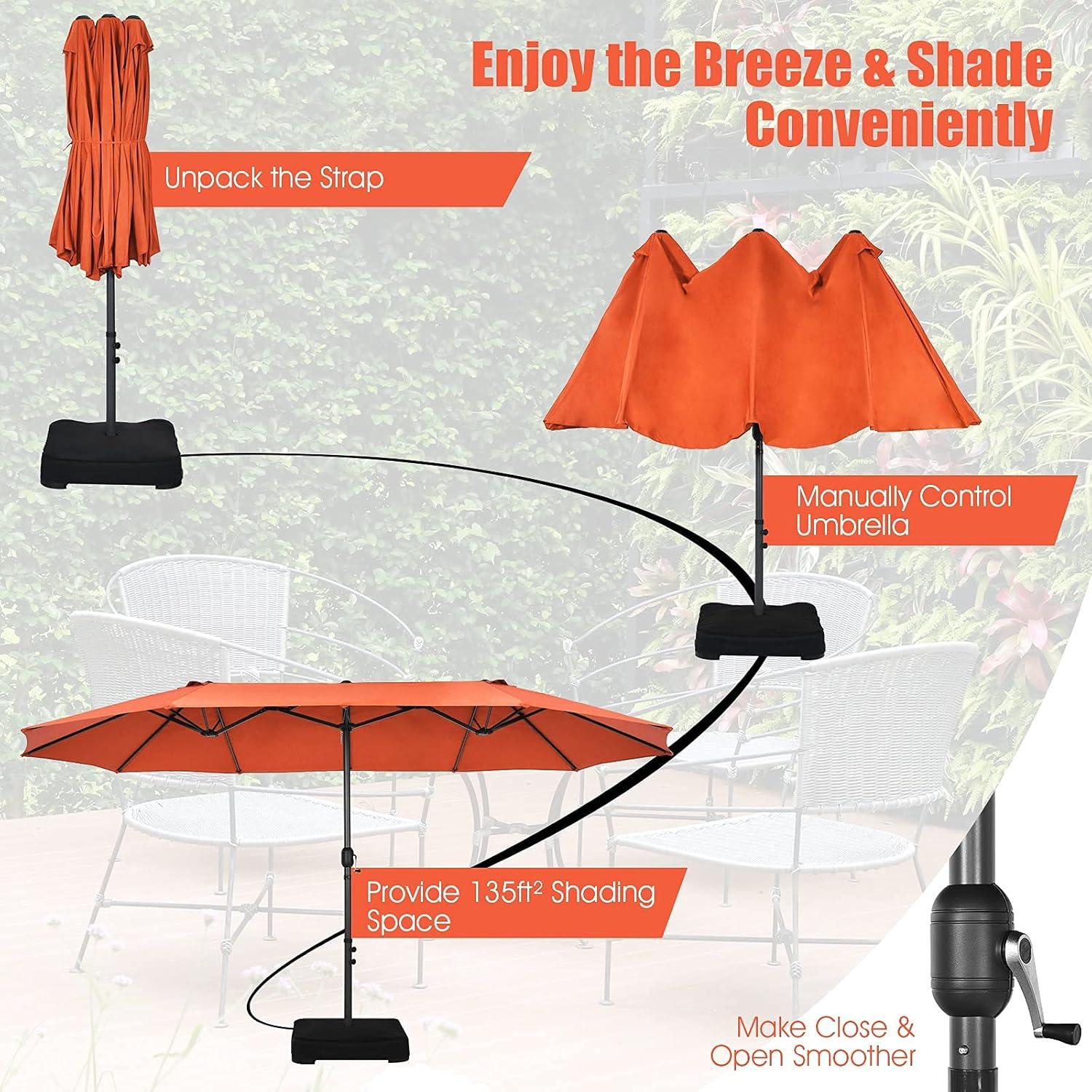 15 Ft Orange Double-Sided Patio Umbrella with Hand-Crank