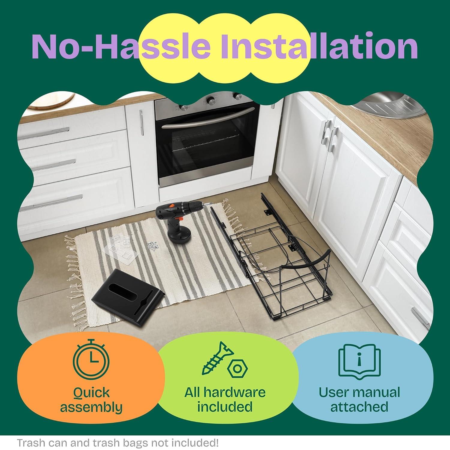 Pull Out Trash Can Under Cabinet Shelf - Under Sink Trash Can Pull Out Slider for 30–40 Quart Cans Up to 125 lb - Cabinet Trash Can Pull Out Kit w/Garbage Bag Holder - (Can Not Included)
