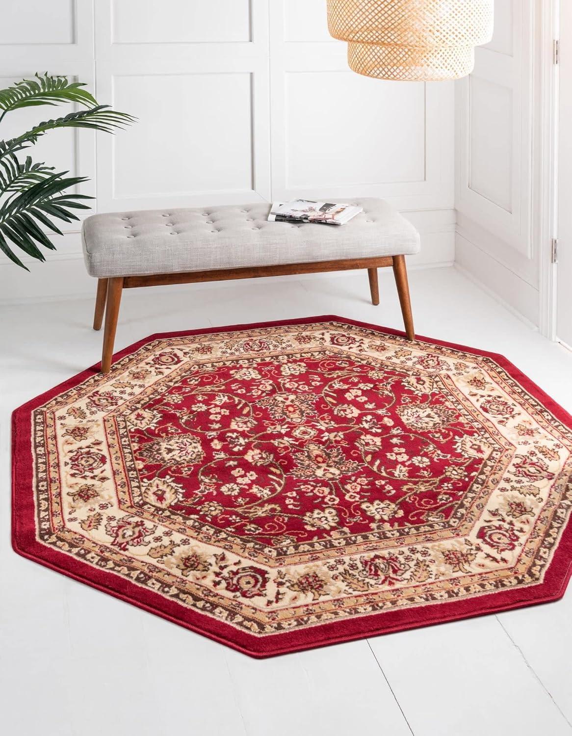 Burgundy and Cream Octagon Synthetic Area Rug