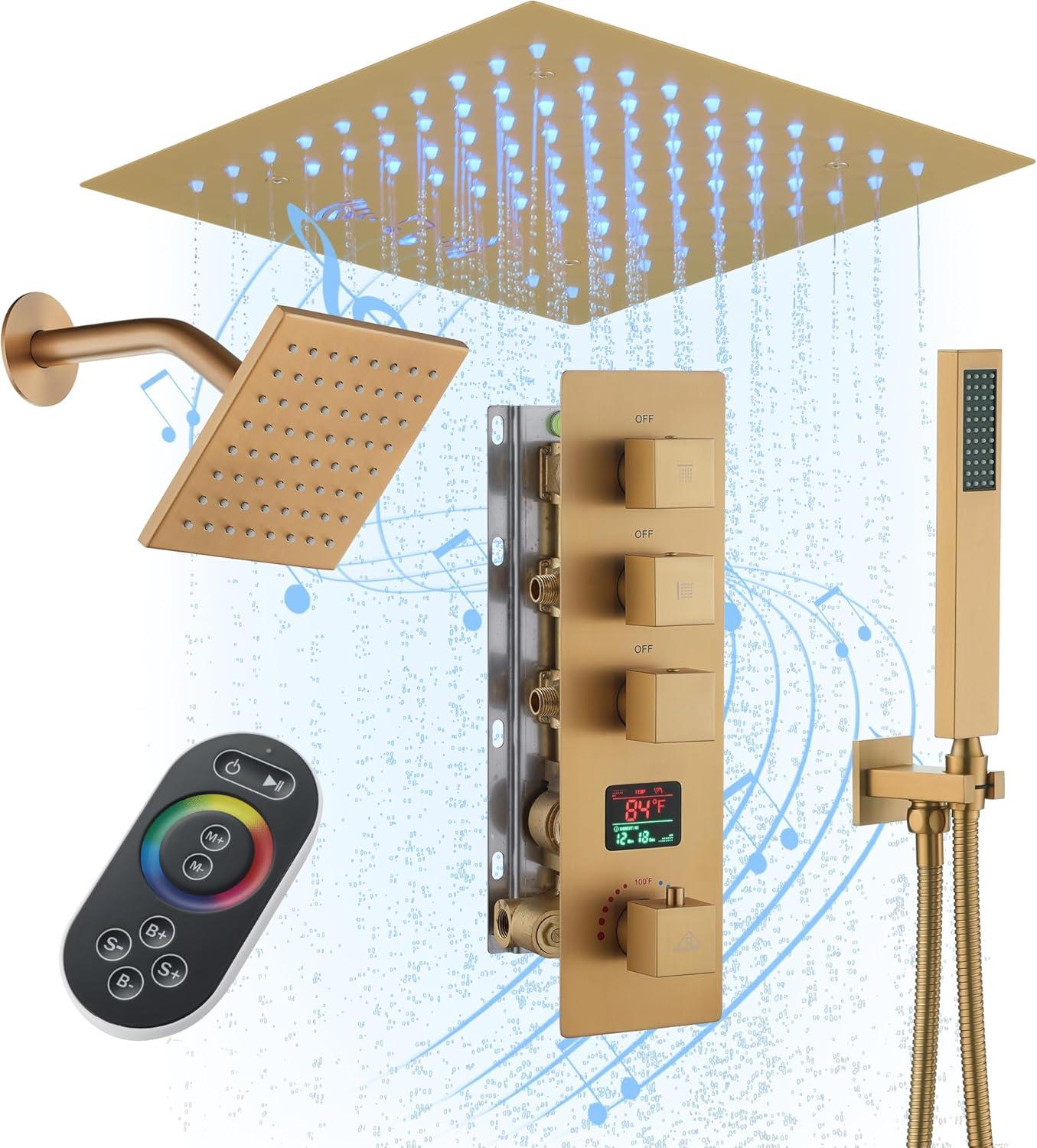 Rodeo 27.5-Inch LED&Music Rainfall Thermostatic Shower System with Slide Bar and 2-in-1 Handheld