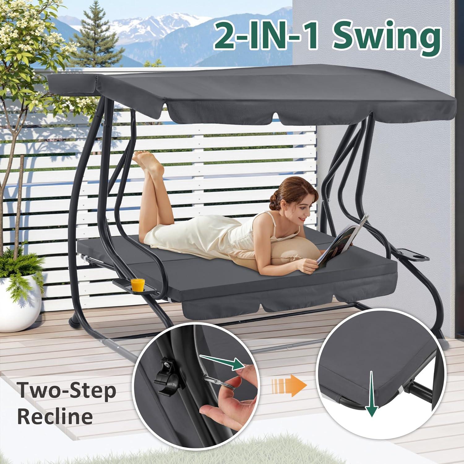 MCombo 3 Seat Patio Swing Chair, Outdoor Swing with Adjustable Canopy, Porch Swing