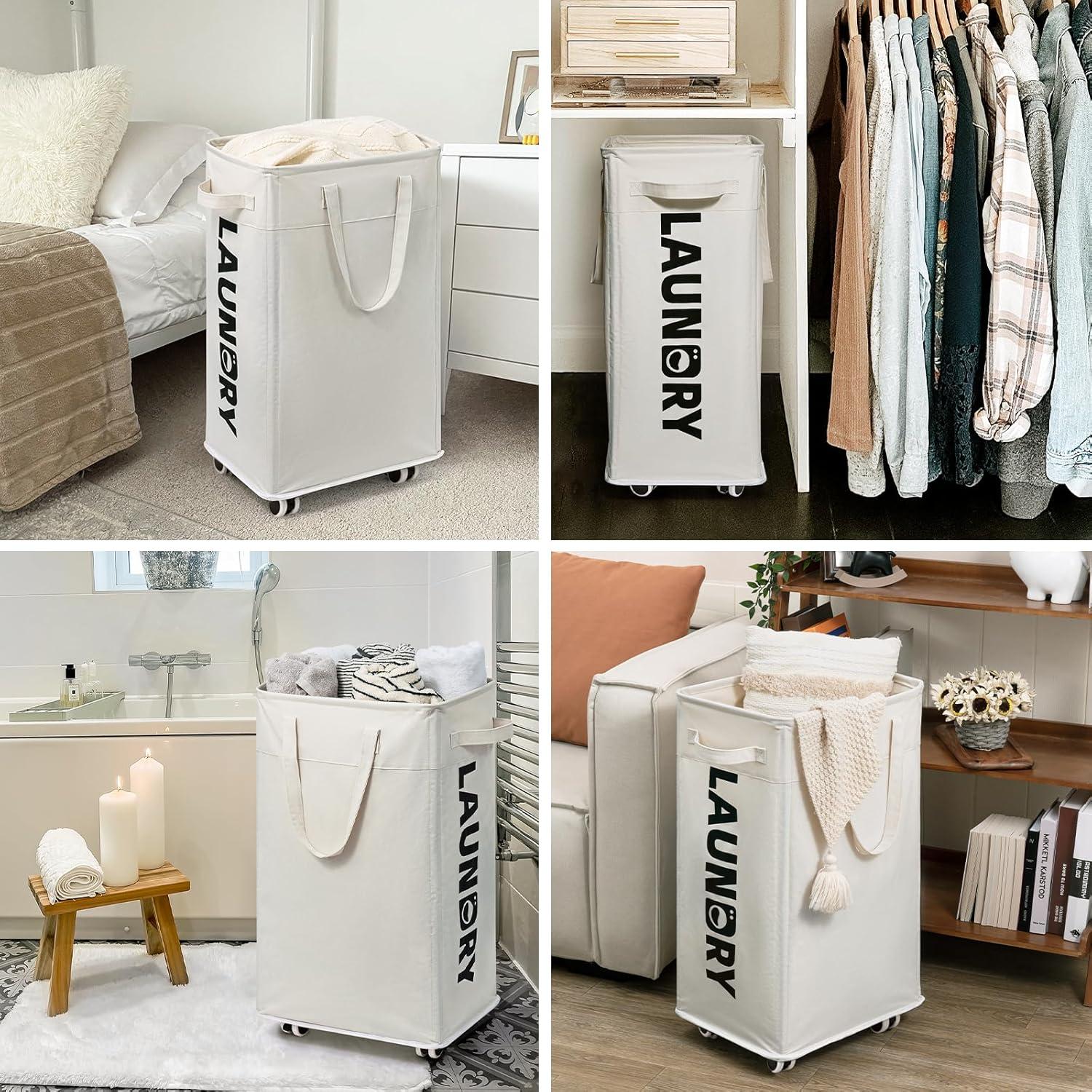 CHICVITA 2-Pack Laundry Baskets with Wheels and Handle,75L Collapsible Clothes Basket with Removable Wash Bags for Dorms and Corners, White Rolling Laundry Hamper