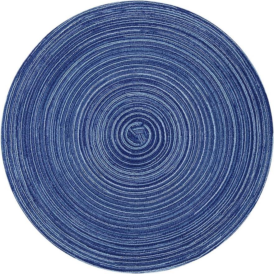 Topotdor 14 Inch Round Placemats Heat-Resistant Stain Resistant Anti-Skid Washable Polyproplene Table Mats Placemats (Blue, Set of 4)