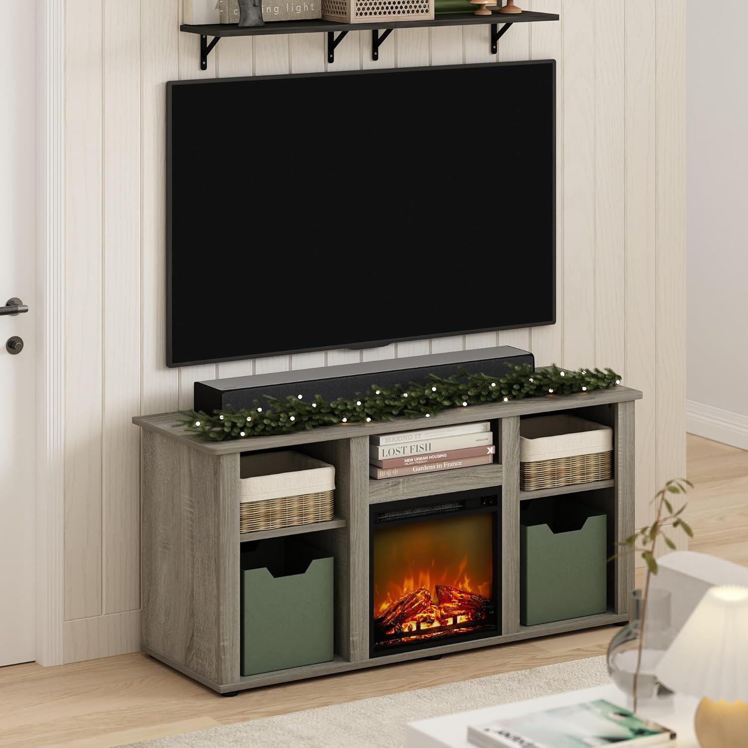 Furinno Jensen Fireplace TV Entertainment Center with Open Storage Compartment for TV up to 55 Inch, French Oak Grey
