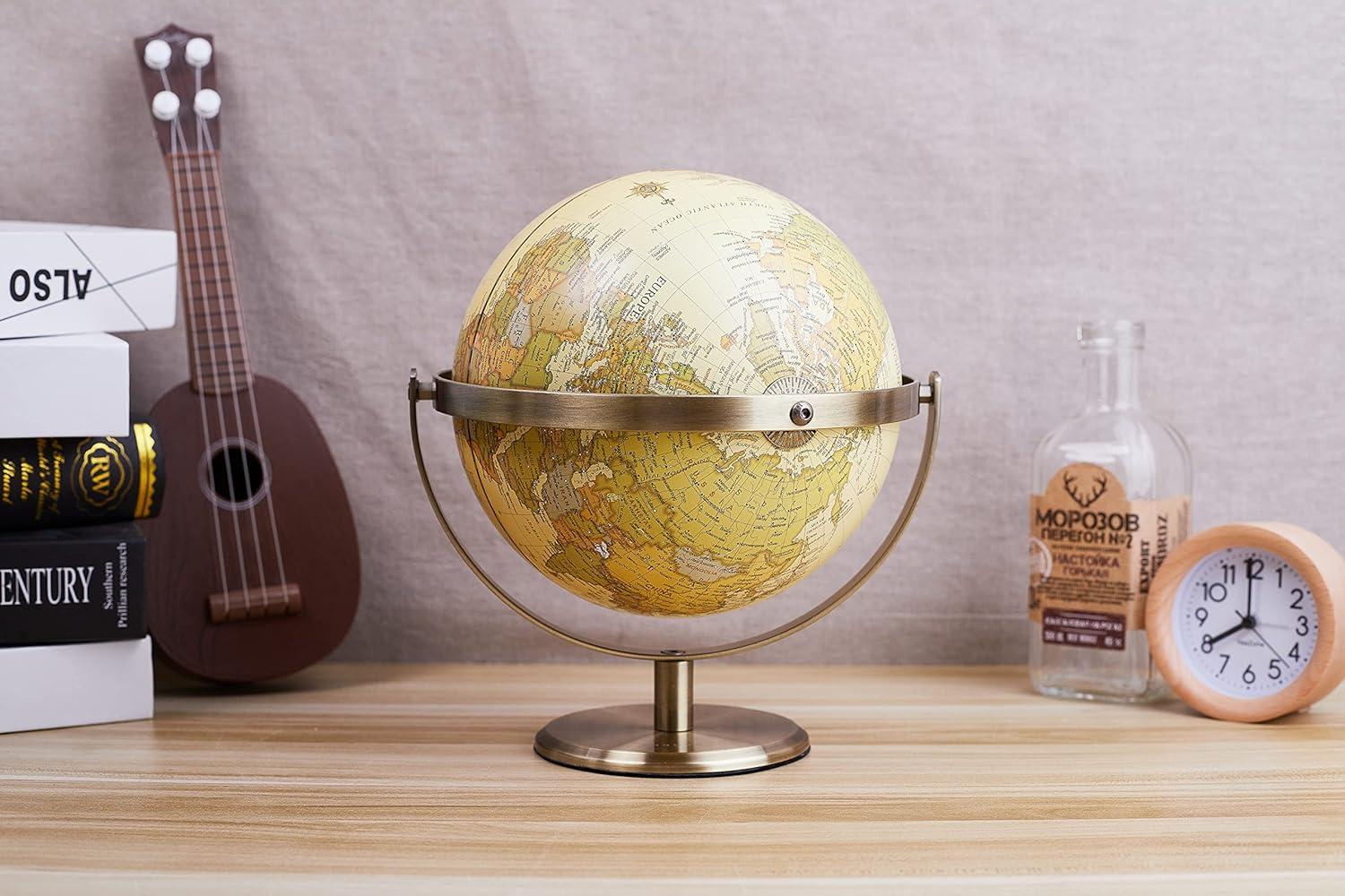 8-Inch Antique World Globe with Bronze Metal Base