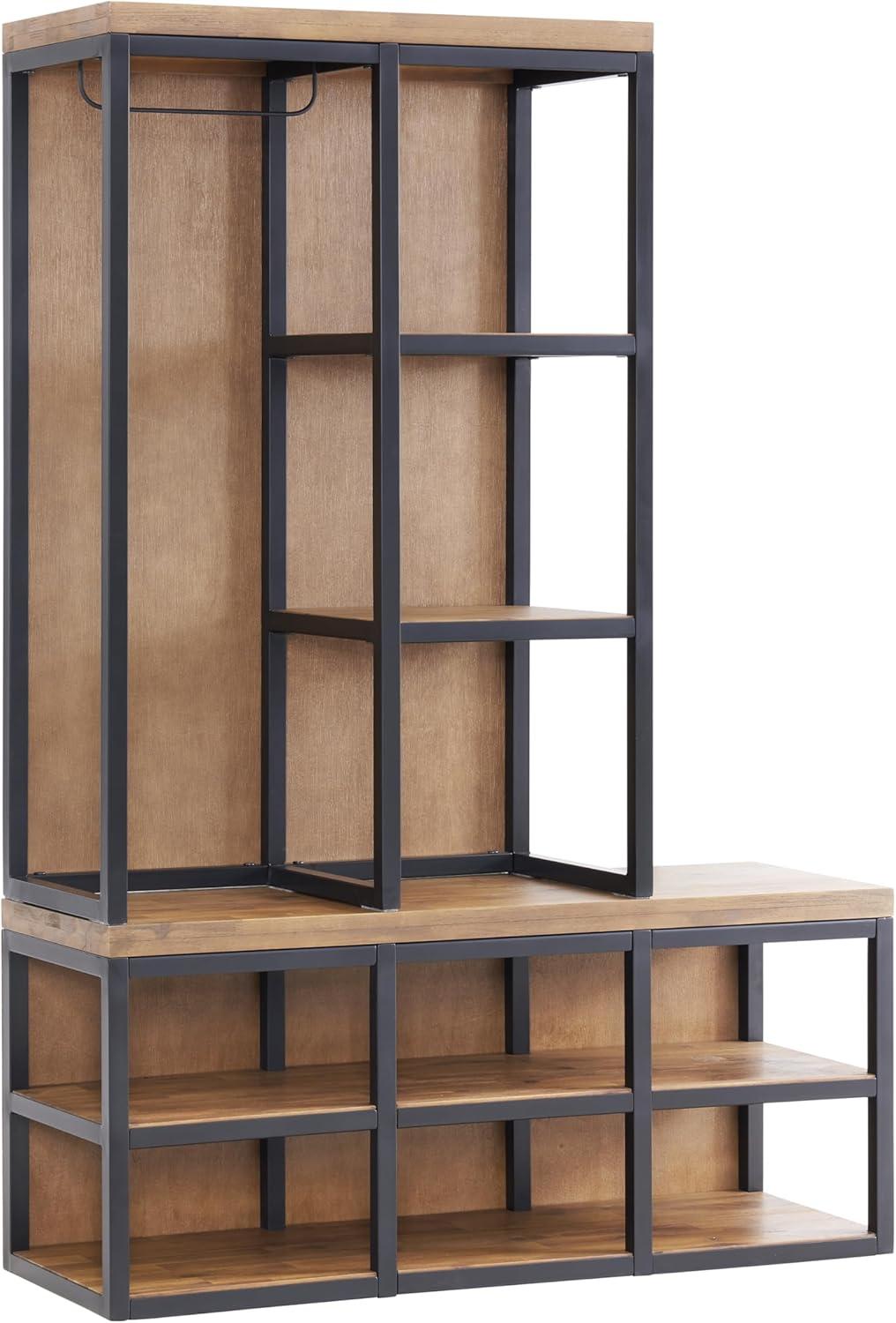 Lloyd 60"H Rustic Industrial Metal Frame Hall Tree With Shelves And Shoe Storage With Bench