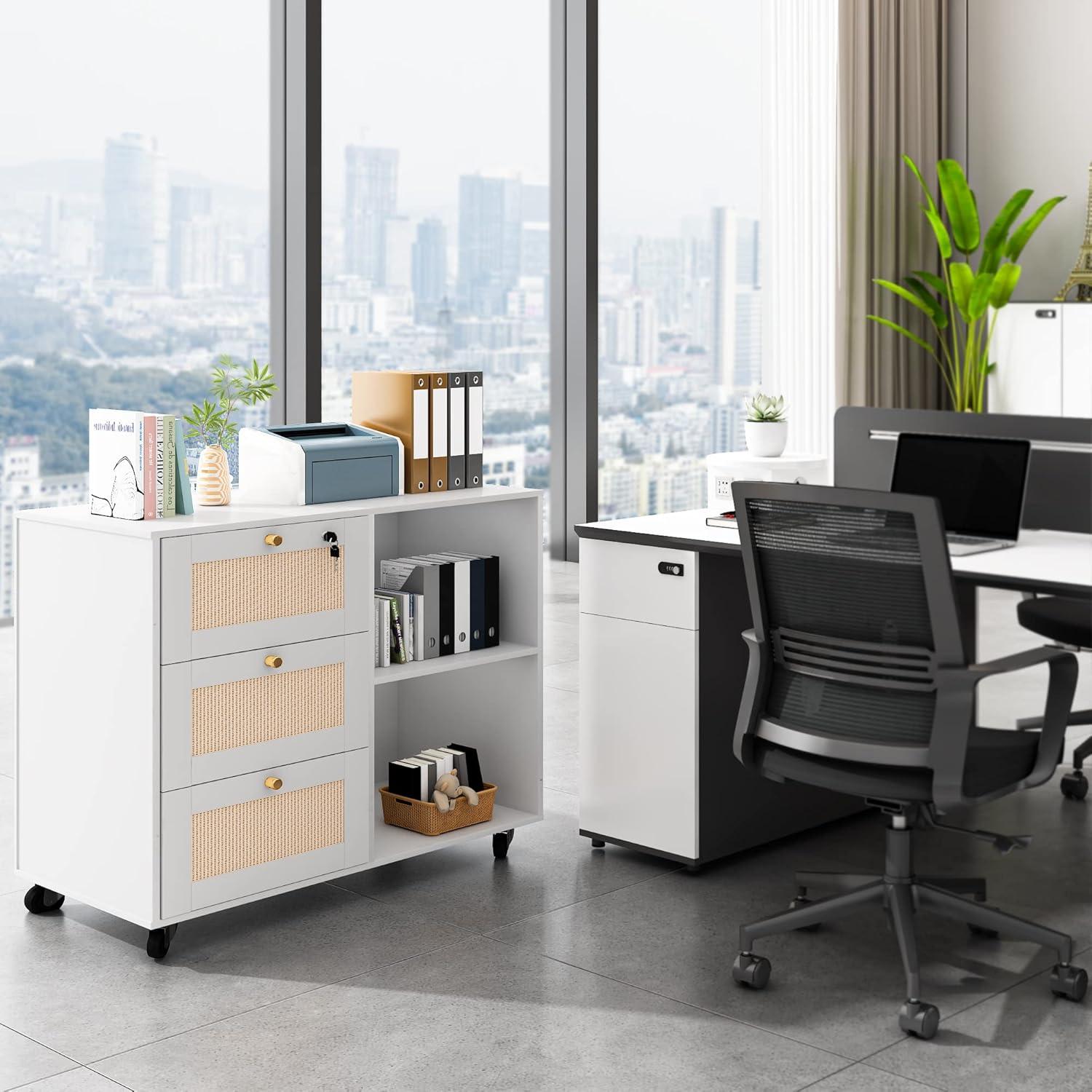 White Rattan 3-Drawer Lockable Mobile Filing Cabinet