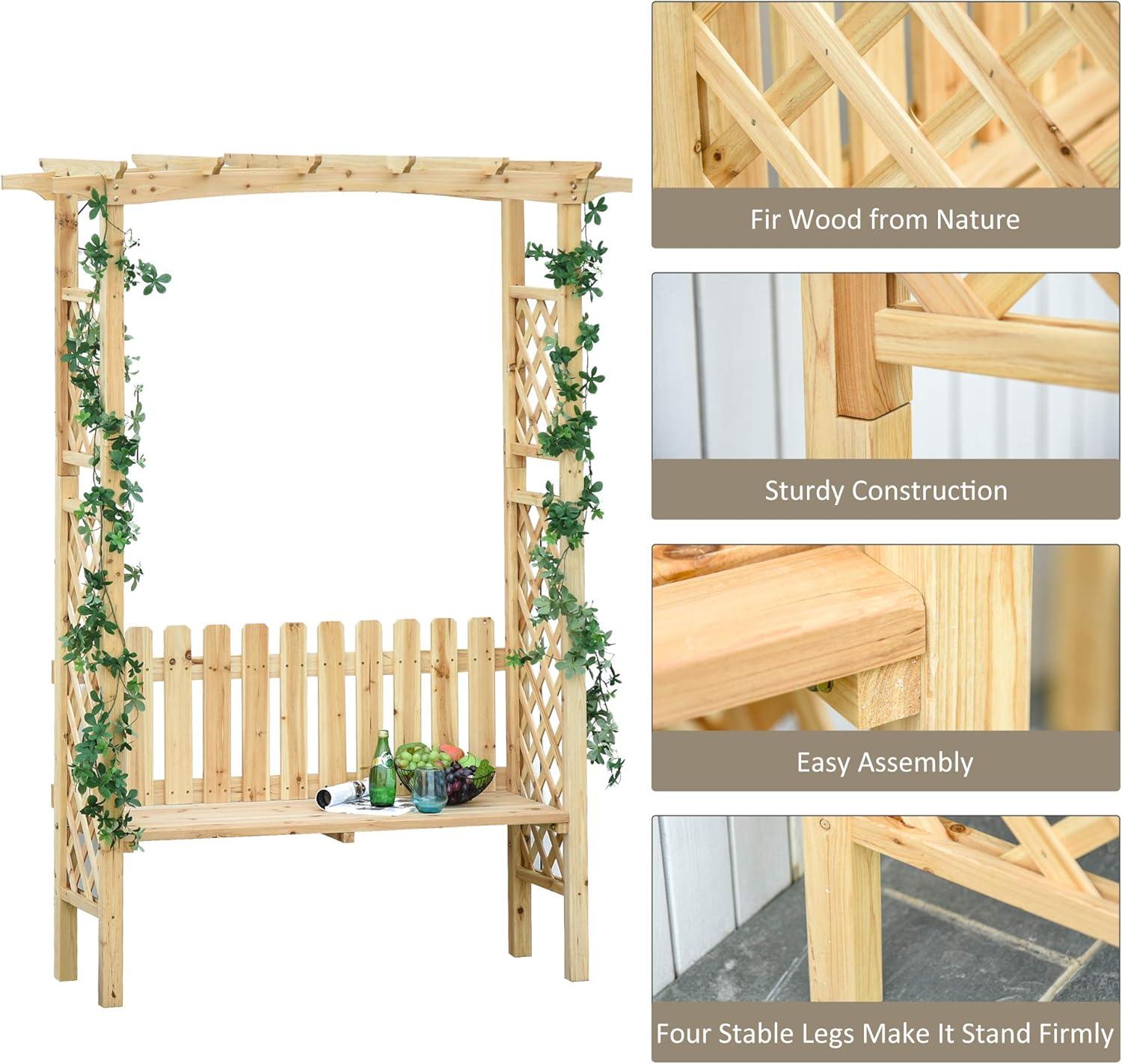 Outsunny Wooden Trellis Arbor Arch for Climbing Plants with Garden Bench, Grow Grapes & Vines, Patio Decor & 2-Person Seating, Natural