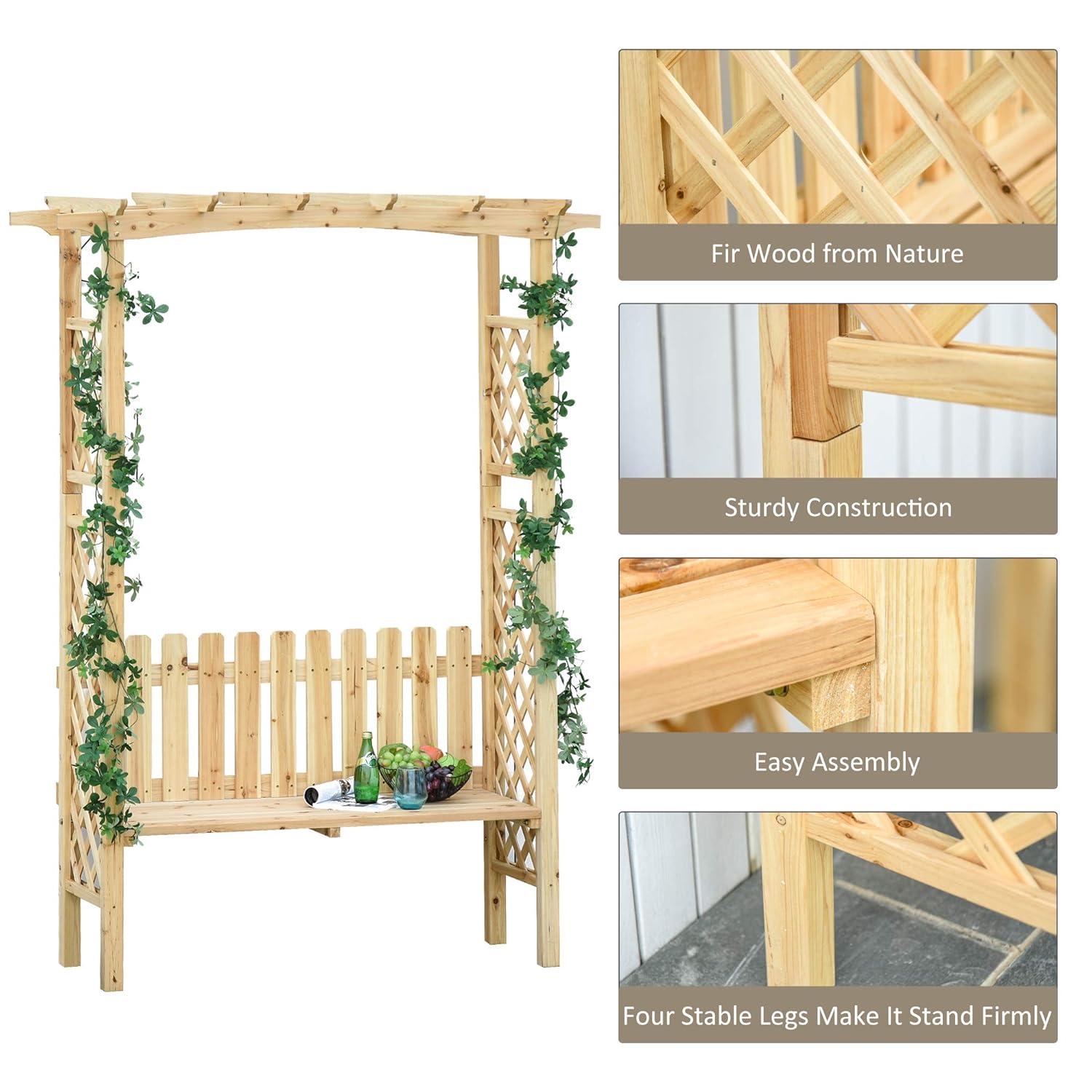 Outsunny Wooden Trellis Arbor Arch for Climbing Plants with Garden Bench, Grow Grapes & Vines, Patio Decor & 2-Person Seating, Natural