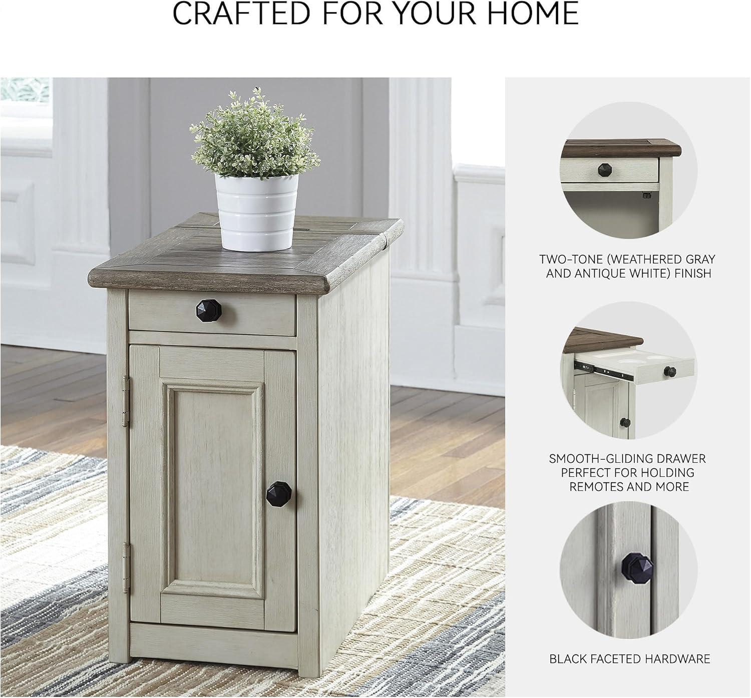 Signature Design by Ashley Bolanburg Chair Side End Table Brown/White: Vintage Style, USB Ports, Storage Cabinet