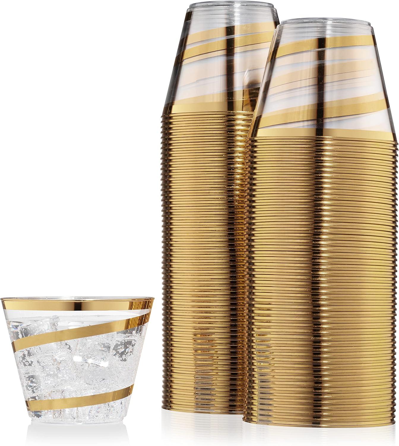 110 Pack Clear Plastic Cups, Disposable Tumbler Style Glasses, Elegant Foil Trim- Gold Swirl (Set of 110)