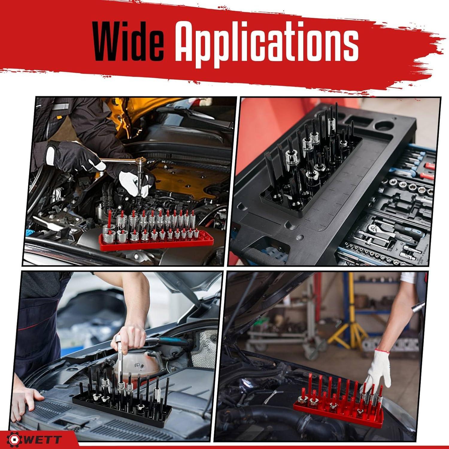 WETT Socket Organizer Tray Set, 8-Piece Socket Holder Set, 1/4", 3/8", 1/2" Drive Sockets Trays Organizers for Toolbox, Store 176pcs SAE & Metric, Standard Shallow and Deep Size Sockets, Black & Red