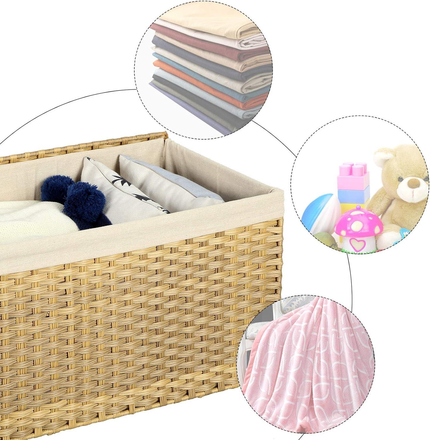 SONGMICS Storage Basket with Lid, 42.3 Gallon (160L) Storage Bin, Woven Blanket Storage Basket with Handles, Foldable, Removable Liner, Natural