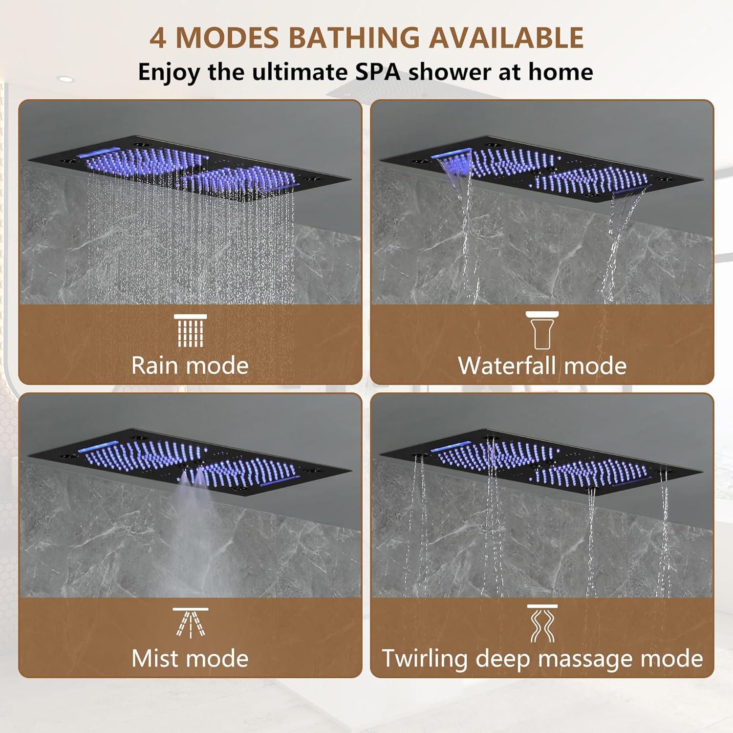 Rodeo 27.5-Inch LED&Music Rainfall Thermostatic Shower System with Slide Bar and 2-in-1 Handheld