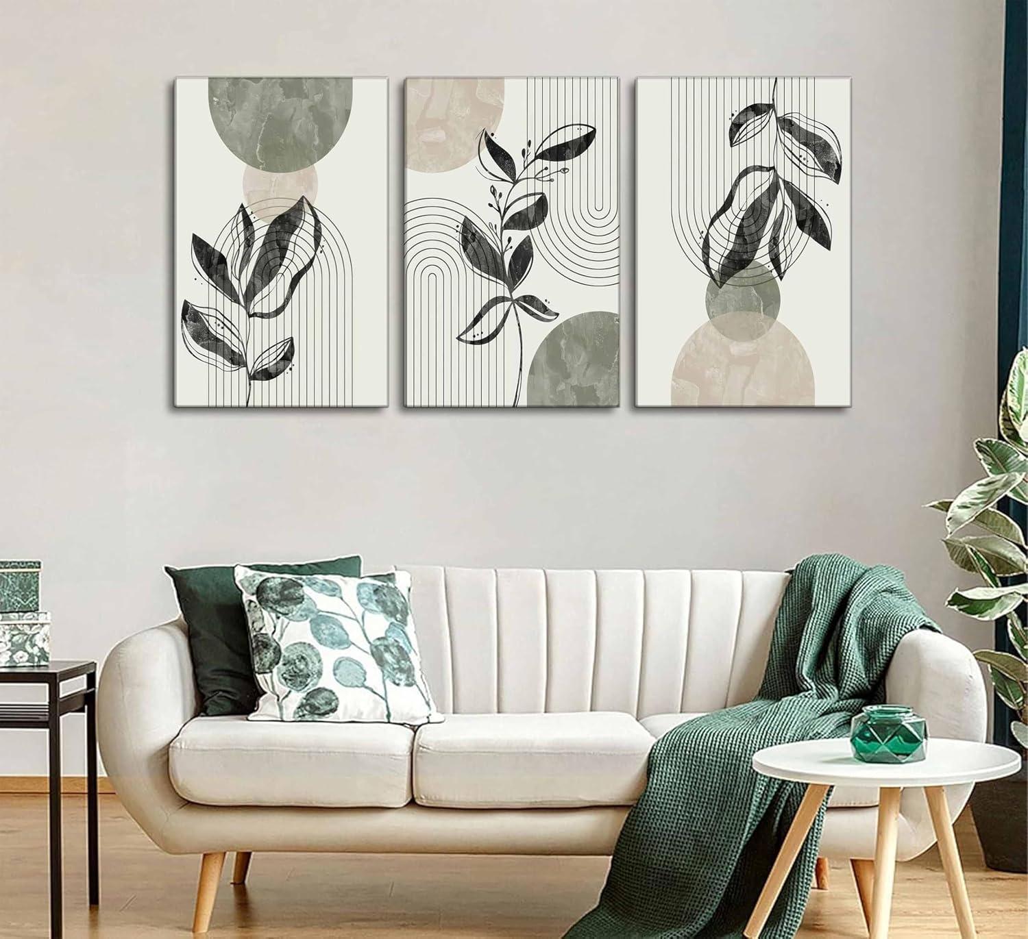 Sage Green Abstract Boho Canvas Wall Art Set