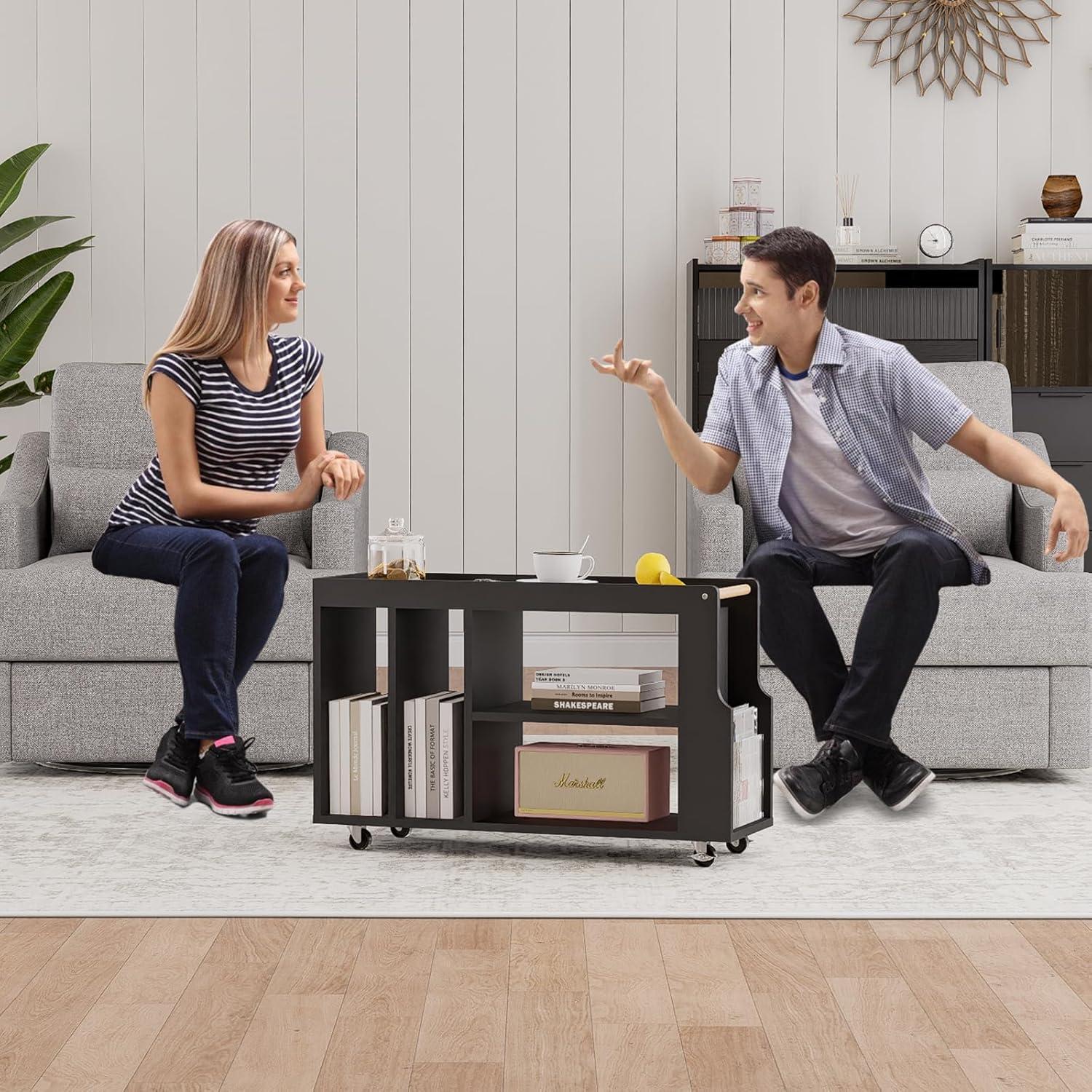 Black Wood Narrow Side Table with Fluted Glass Top and Wheels