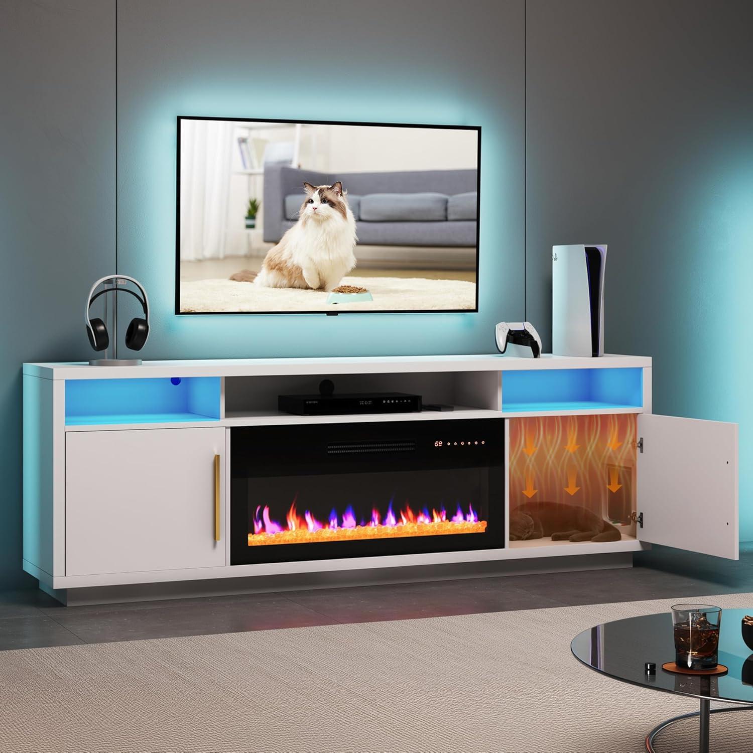 Ivy Bronx Modern 79" Fireplace TV Stand for TVs Up to 85" with Cat Litter Box,LED Light Entertainment Center With 36" Electric Fireplace and Graphene Heating