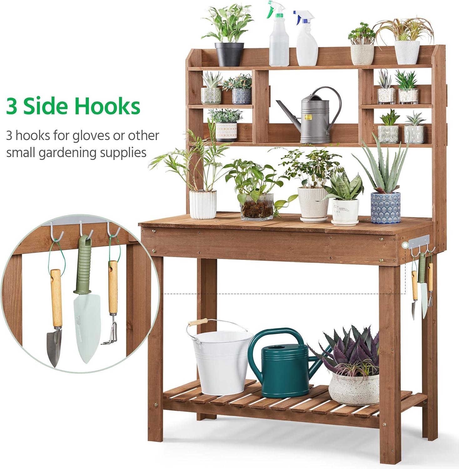 Yaheetech Potting Bench Table with Display Rack/ Storage Shelf/ Hanger, Brown
