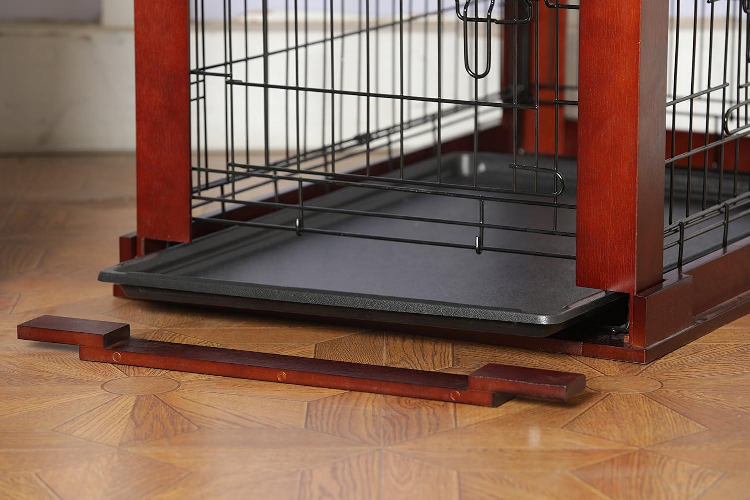 Merry Products 2 Door Decorative Pet Kennel with Wooden Protection Cover, Divider Insert, and Removable Tray End or Side Table, Large, Brown