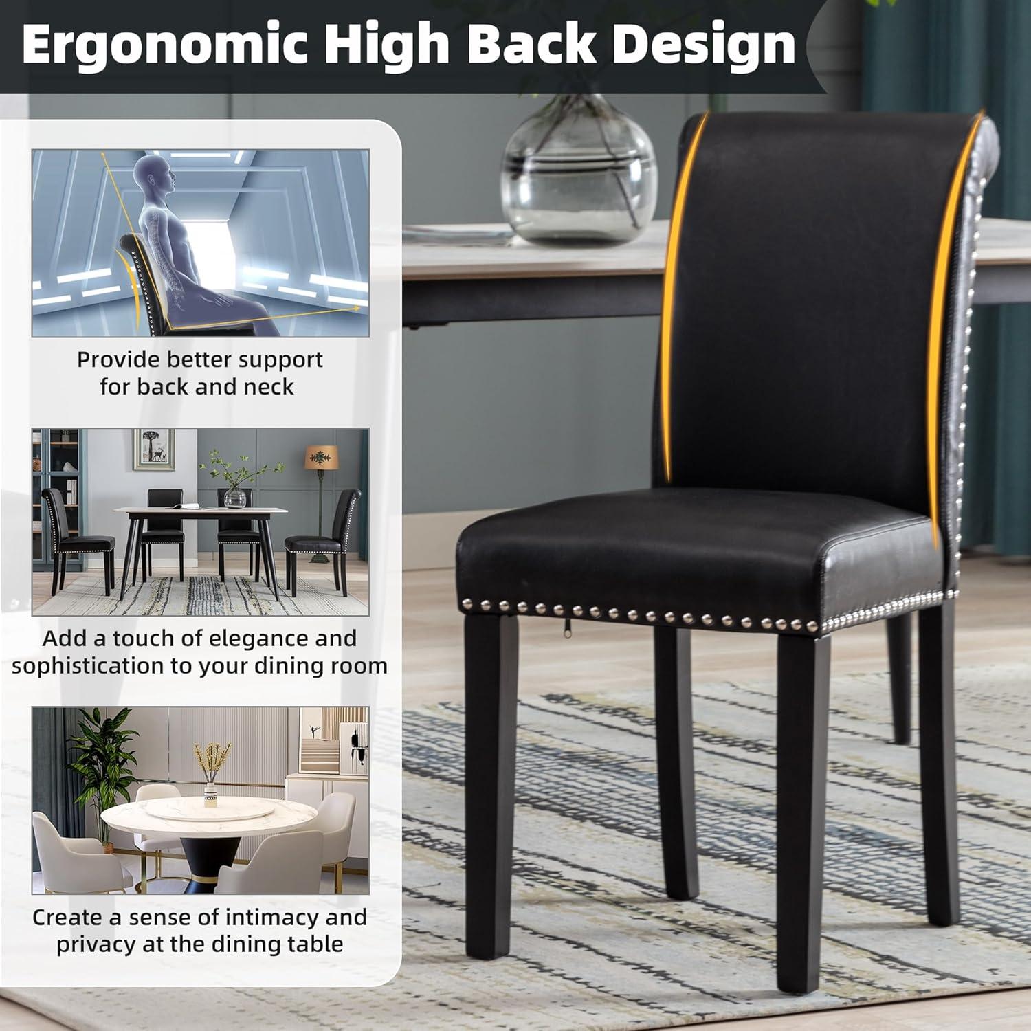 Colamy Black Upholstered Wood Legs Parsons Leather Dining Chairs with Nail head Trim Set of 2 for Dining Room